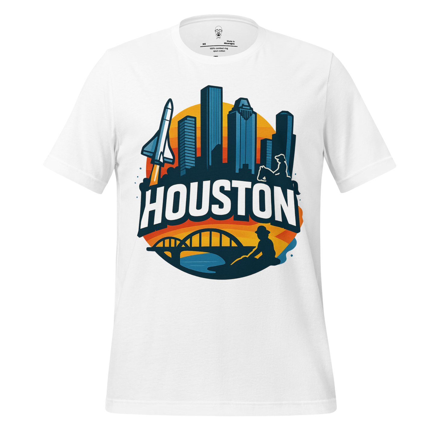 White Houston graphic t-shirt with city skyline, space shuttle, and bridge design