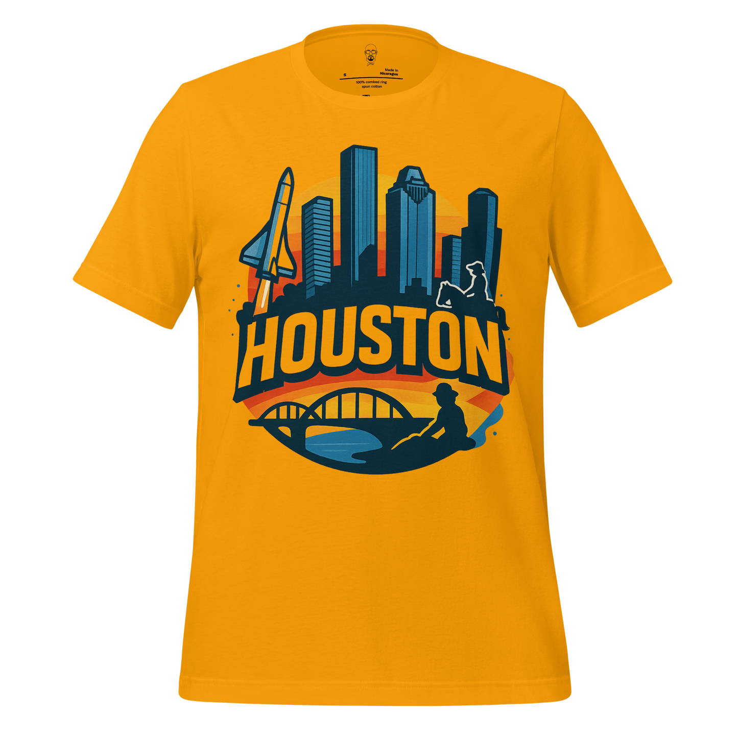 JMK Drip Houston graphic t-shirt in yellow featuring Houston skyline, space shuttle, bridge, and local imagery