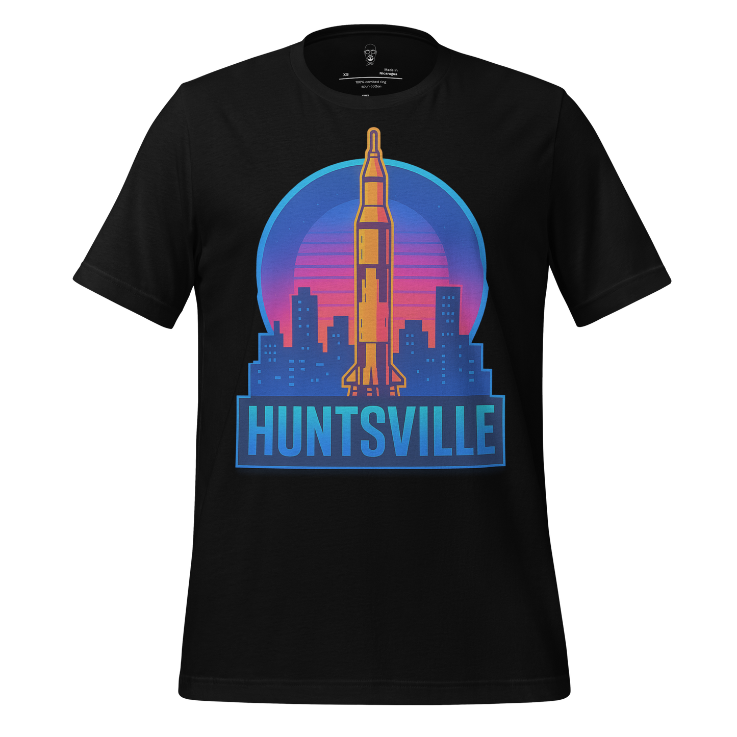 Black Huntsville Graphic T-Shirt with colorful rocket and city skyline design by JMK Drip