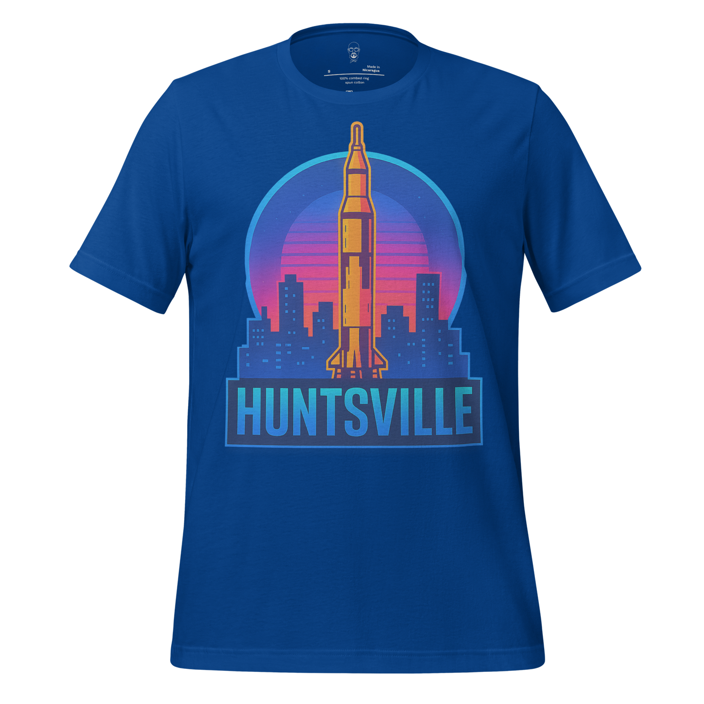 Blue Huntsville Graphic T-Shirt featuring rocket launch with city skyline and sunset background