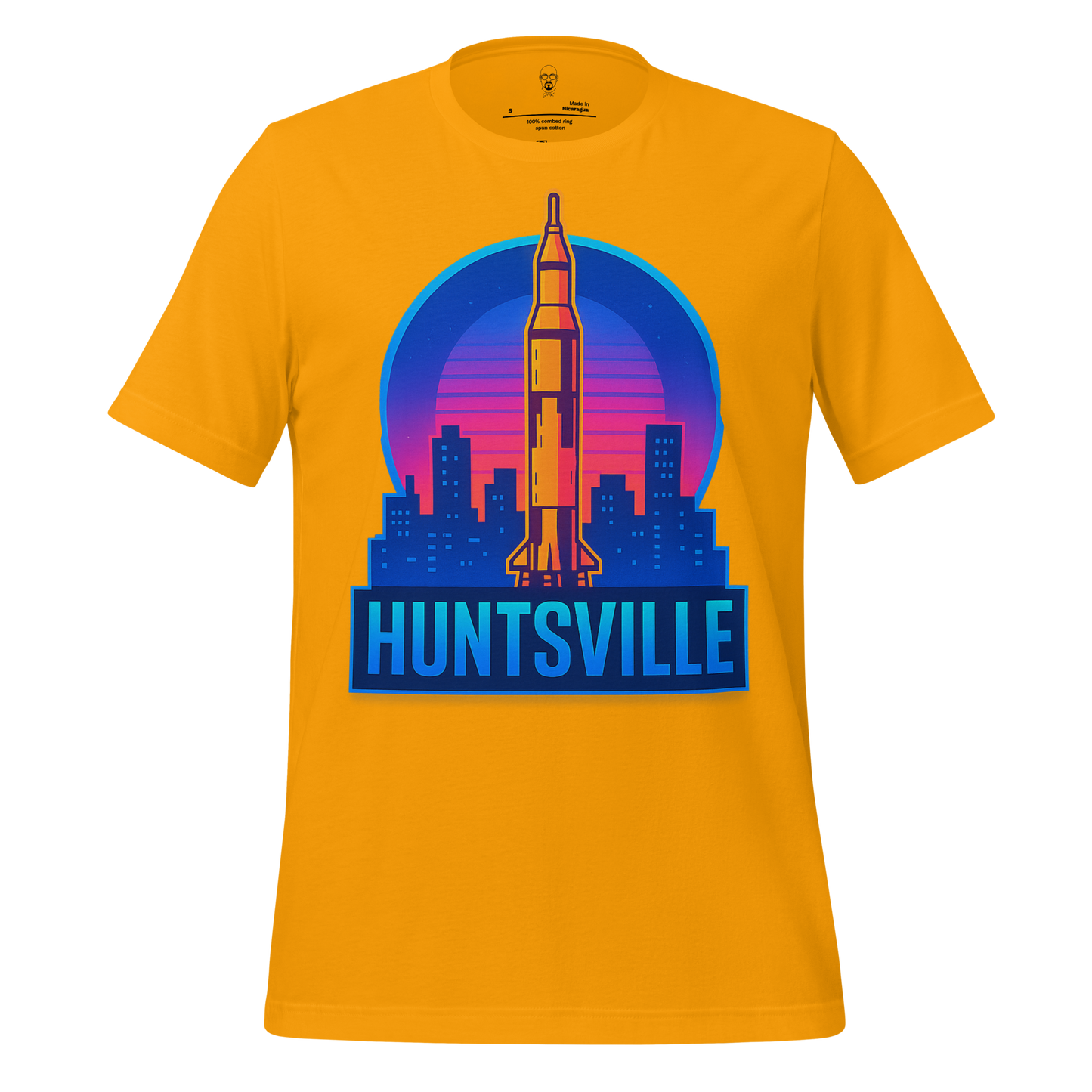 Yellow Huntsville Graphic T-Shirt featuring rocket and city skyline design in blue and pink tones