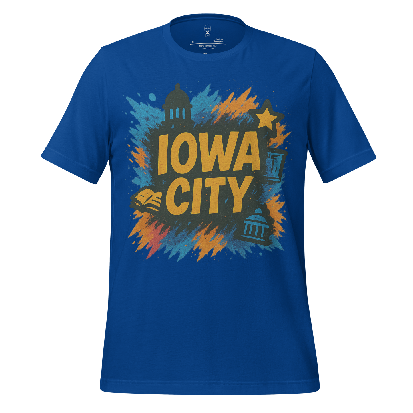 Blue Iowa City Graphic T-Shirt with yellow and orange splash design and city landmarks print
