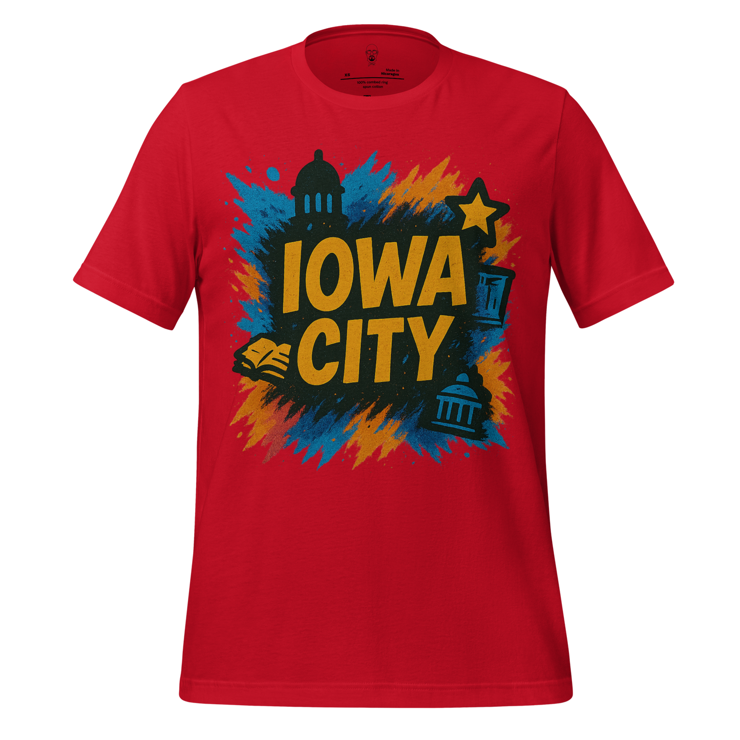 Red Iowa City Graphic T-Shirt with colorful splash design and iconic city landmarks by JMK Drip