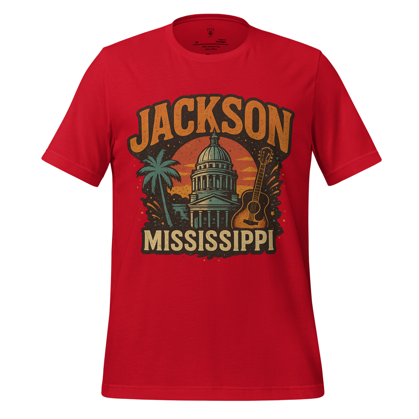 Red Jackson Graphic T-Shirt featuring Jackson Mississippi Capitol building palm tree and guitar design