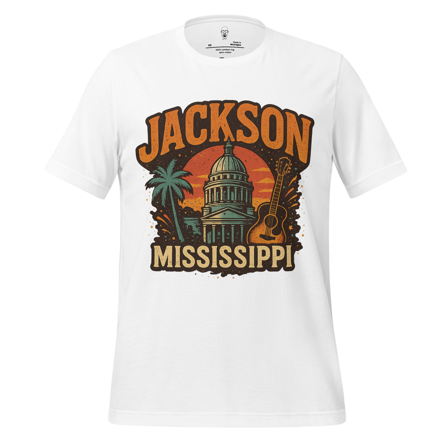 White Jackson Graphic T-Shirt by JMK Drip featuring Jackson Mississippi design with guitar and palm tree