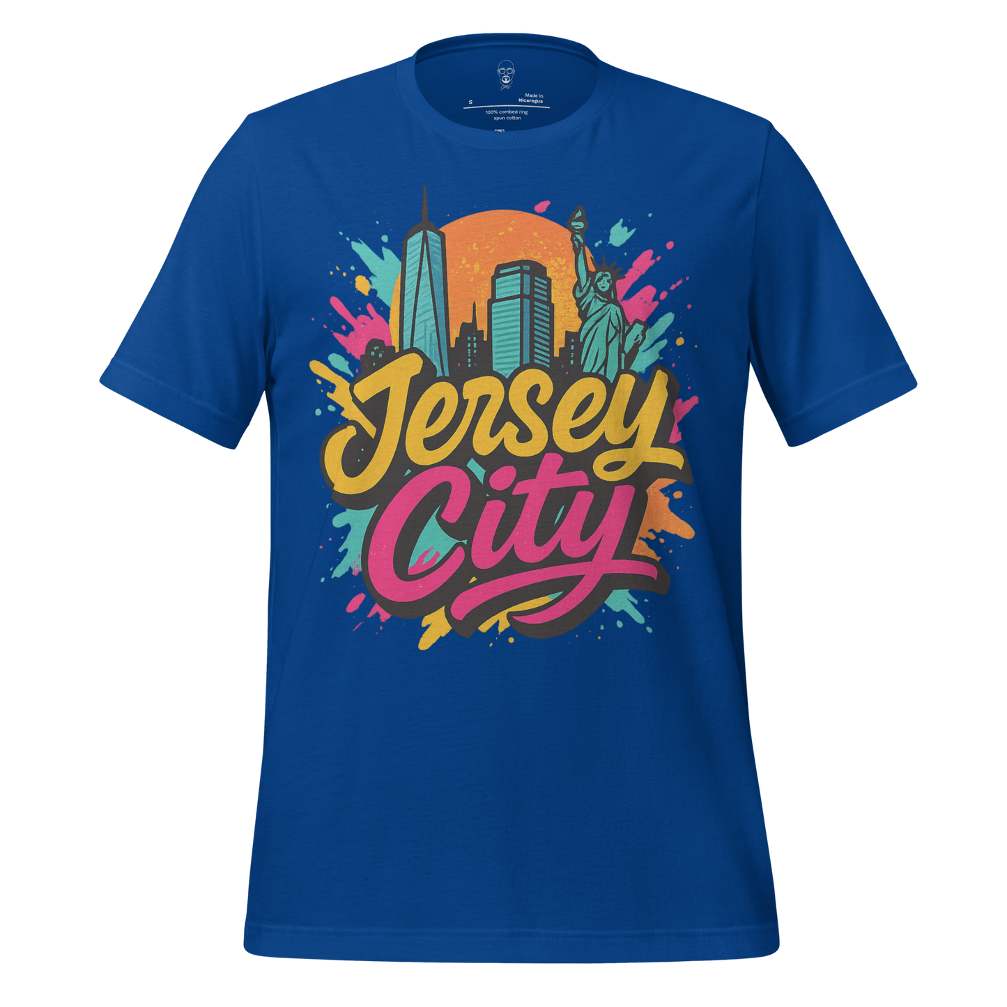 Blue Jersey City Graphic T-Shirt with colorful city skyline and Statue of Liberty design