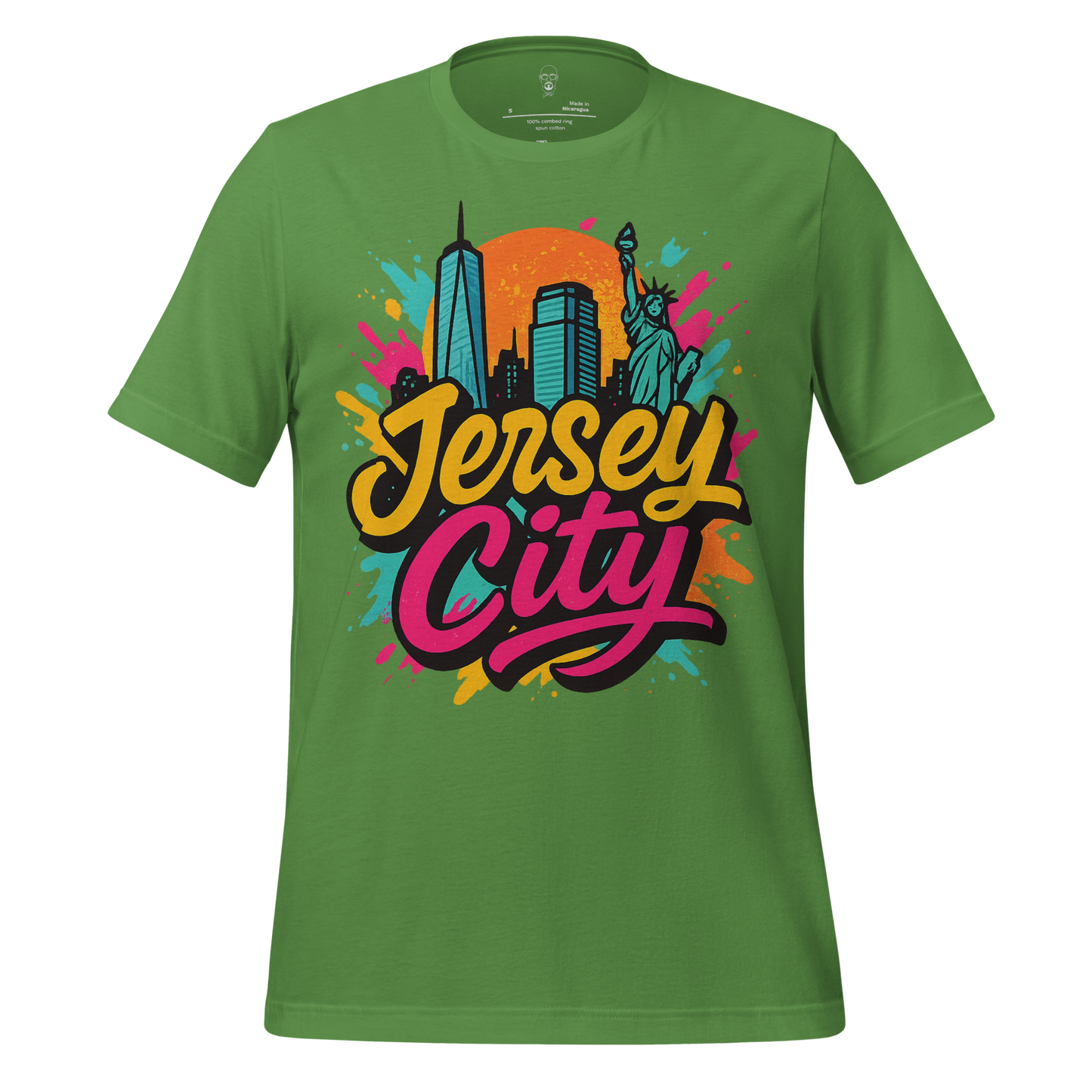Green Jersey City Graphic T-Shirt with colorful city skyline and Statue of Liberty design