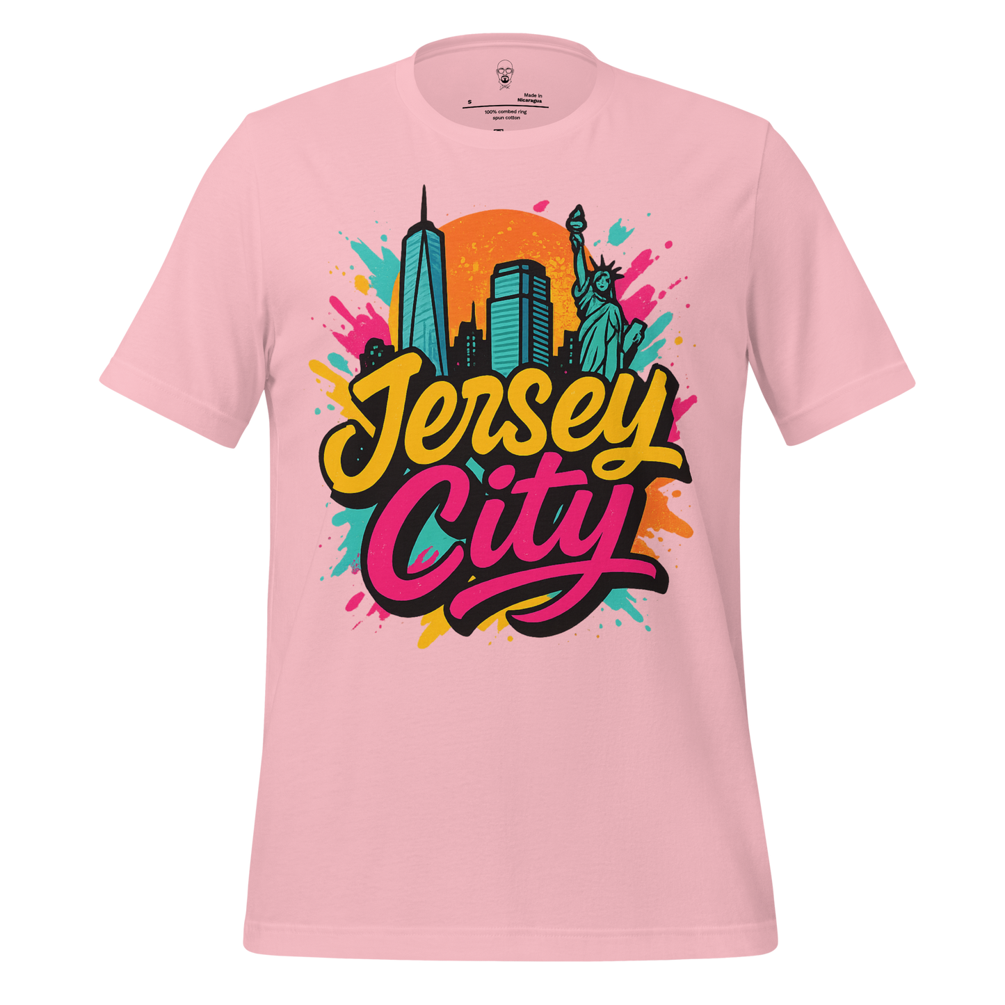 Pink JMK Drip Jersey City Graphic T-Shirt with colorful city skyline and Statue of Liberty design