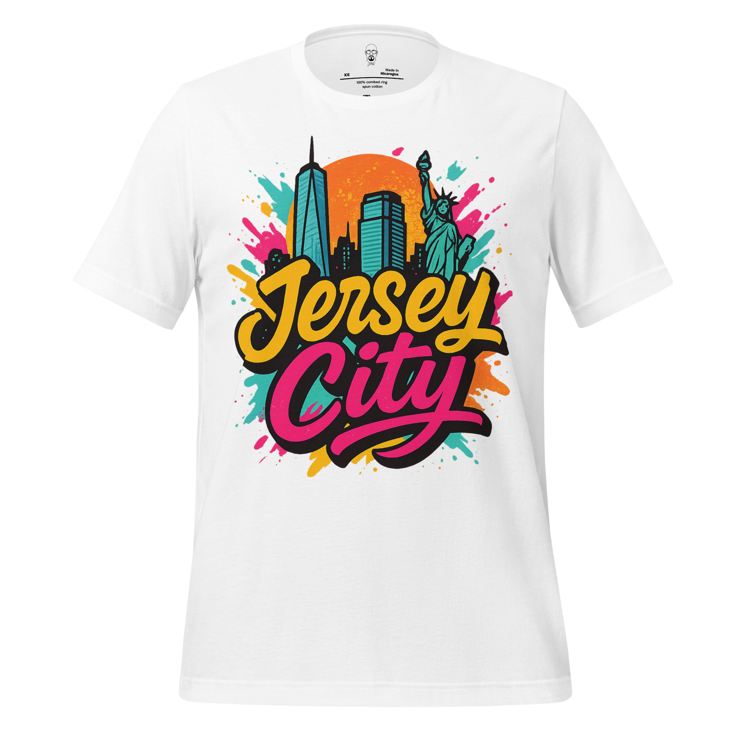Jersey City Graphic T-Shirt with colorful skyline and Statue of Liberty design on white tee