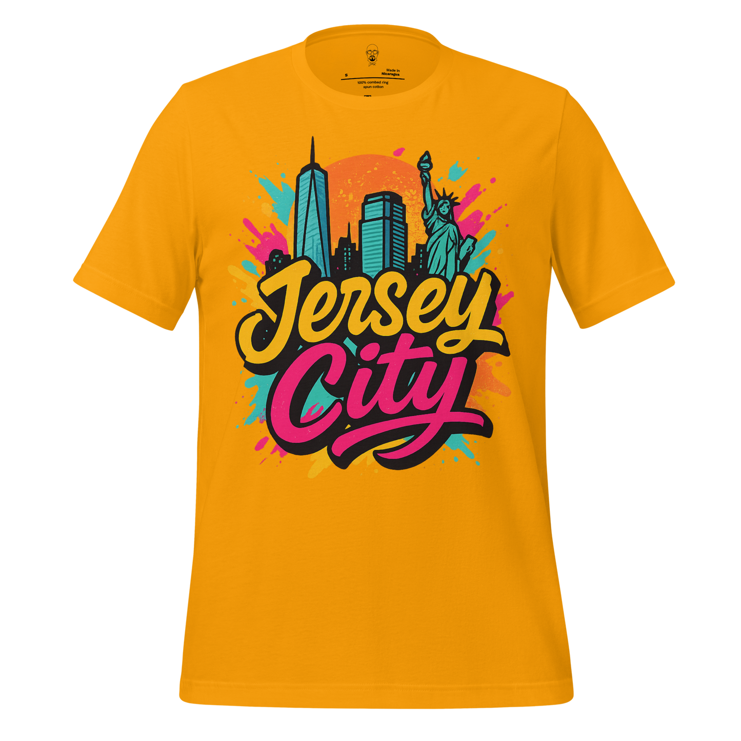 JMK Drip yellow Jersey City Graphic T-Shirt with colorful city skyline and Statue of Liberty design