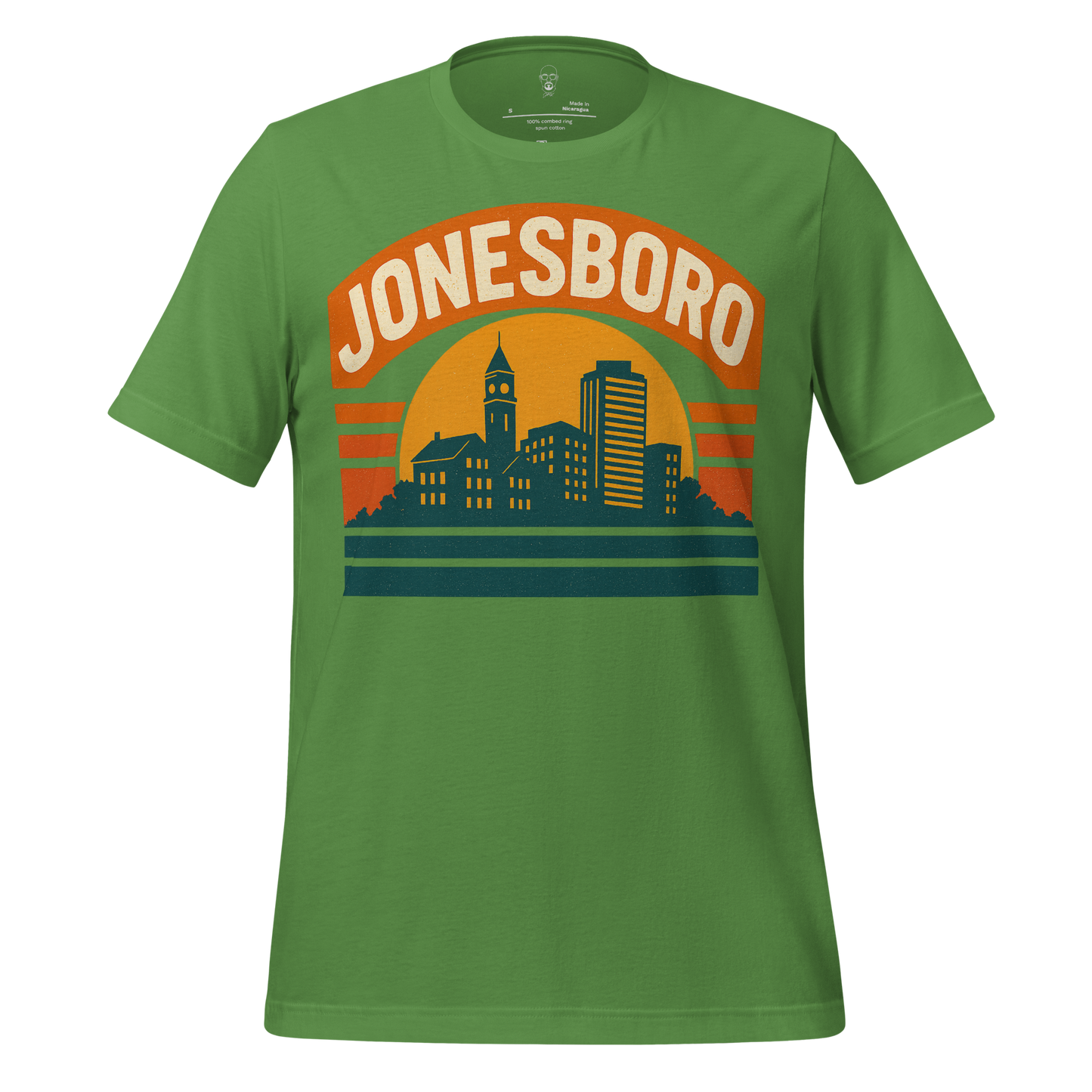 Green Jonesboro Graphic T Shirt with city skyline and orange sun design by JMK Drip