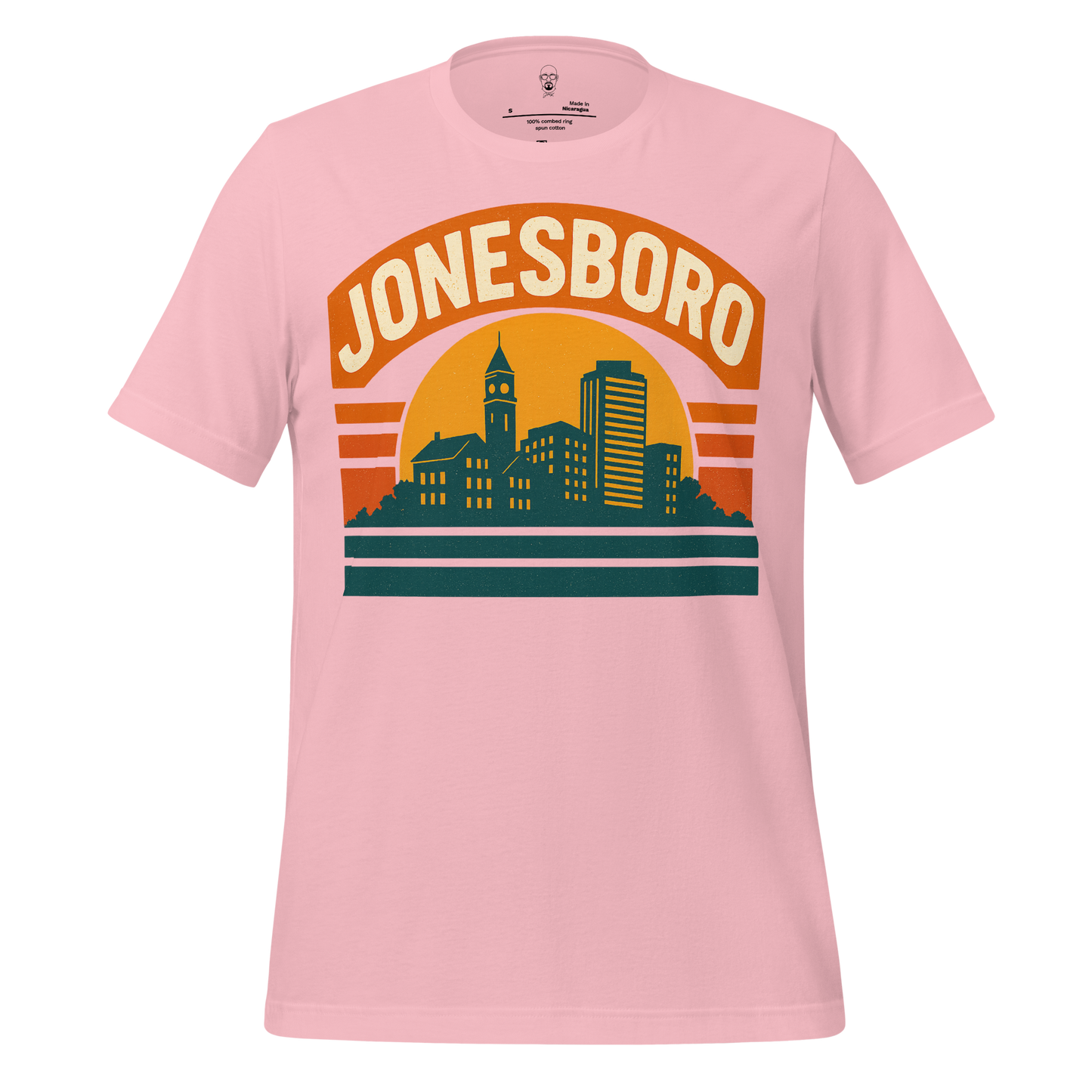Pink Jonesboro Graphic T-Shirt featuring city skyline and retro sun design
