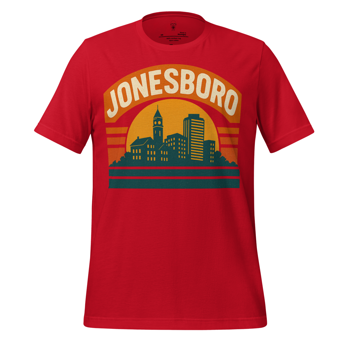 Red Jonesboro Graphic T-Shirt with city skyline and bold retro text design