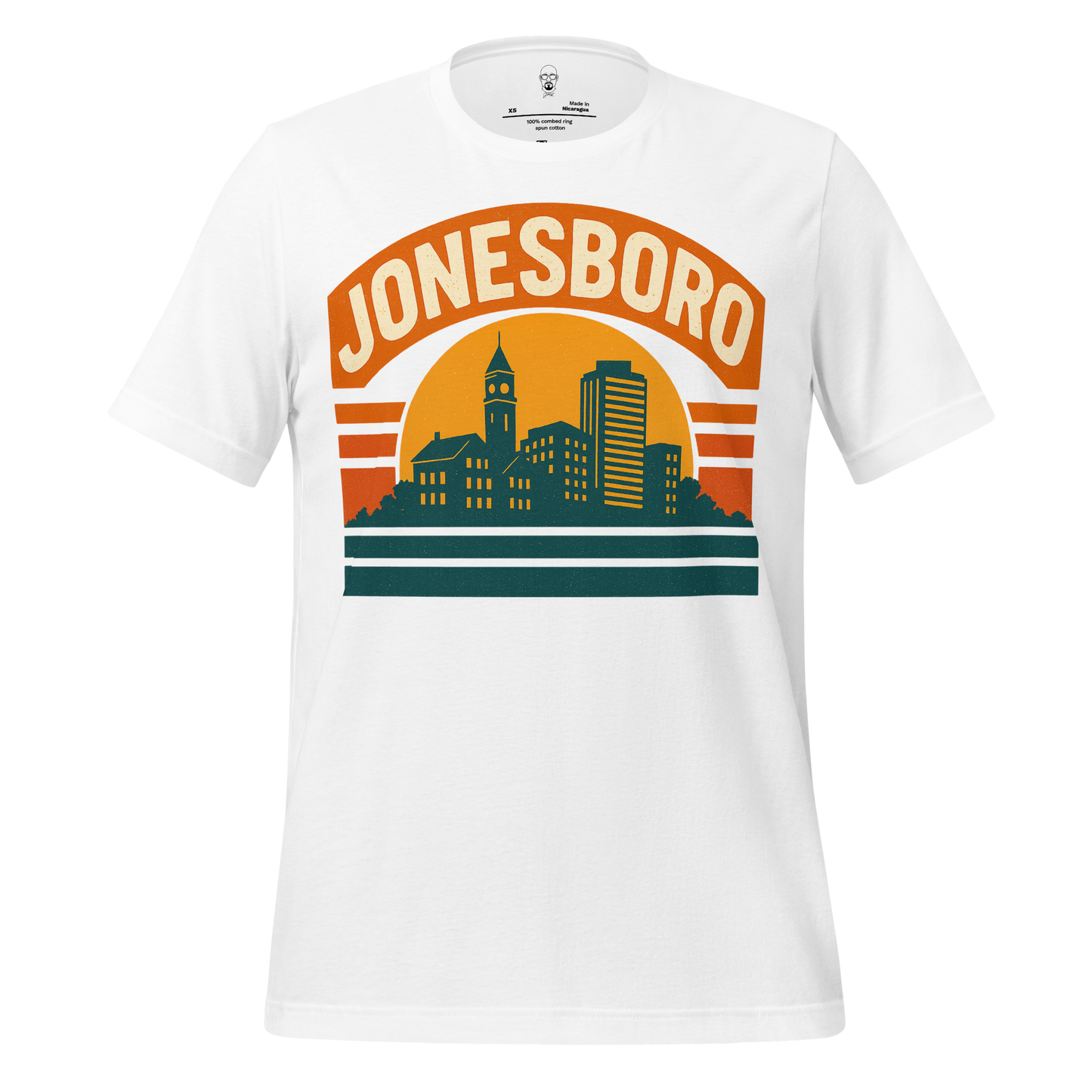 White Jonesboro Graphic T-Shirt with vintage city skyline and orange and green design