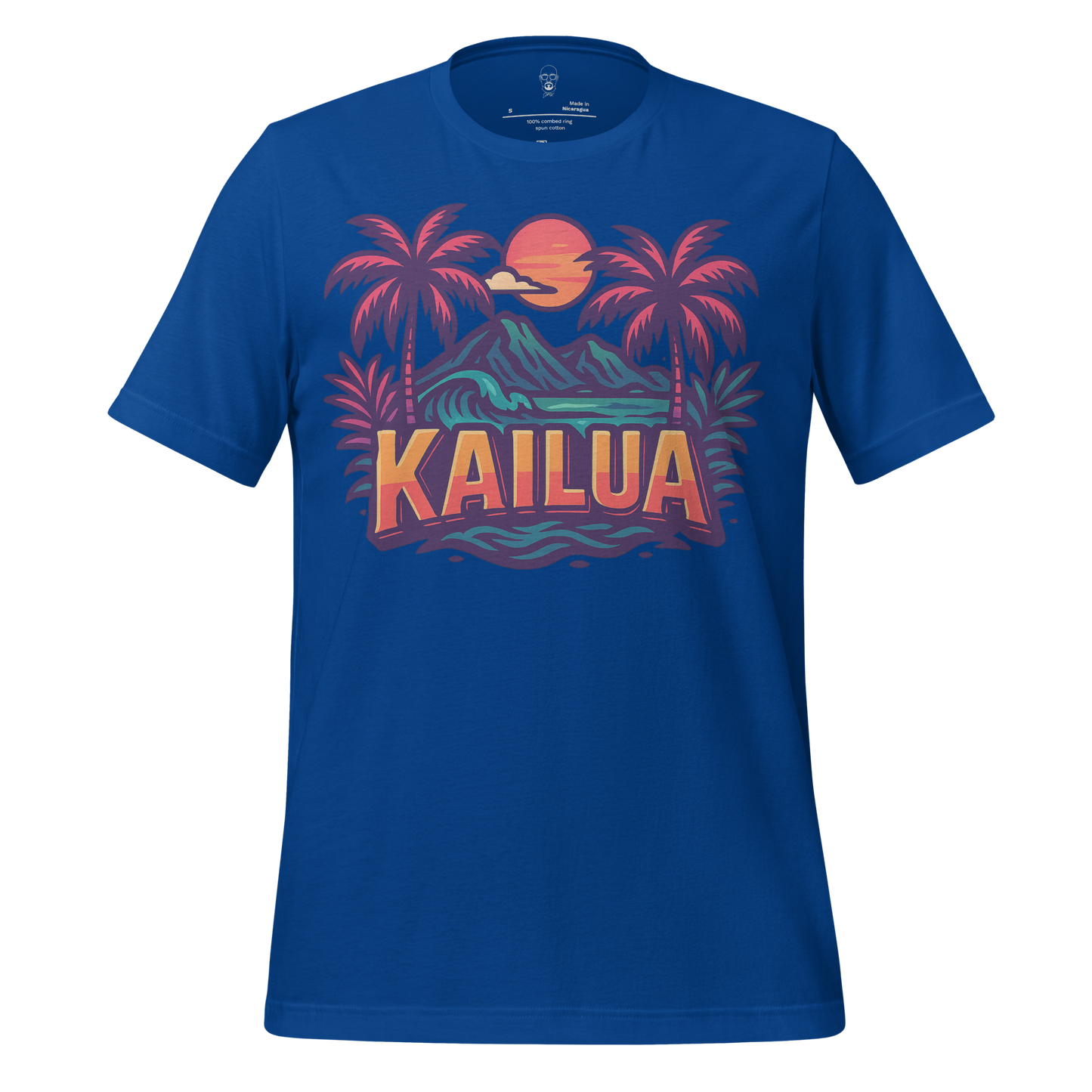 Blue Kailua Graphic T-Shirt by JMK Drip featuring palm trees, mountains, and sunset design