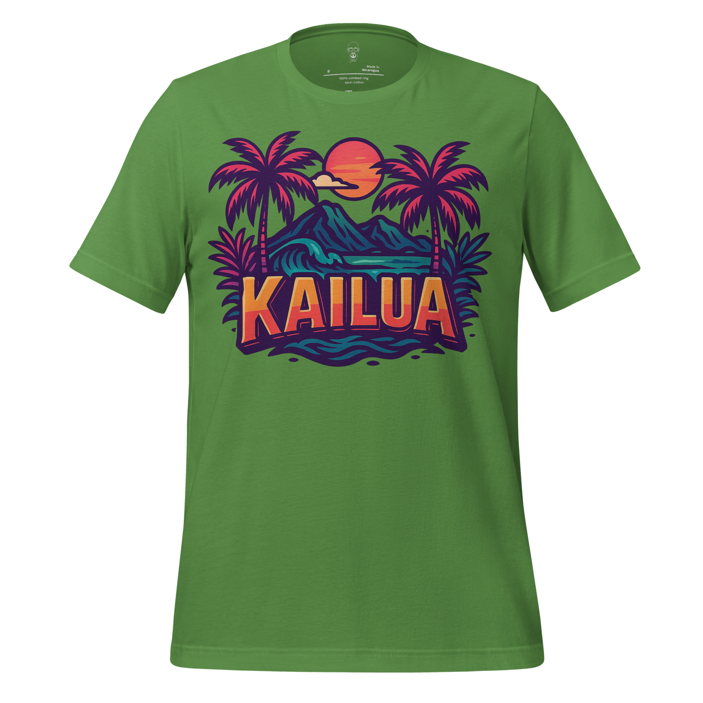 Green Kailua Graphic T-Shirt by JMK Drip with tropical palm trees and sunset design