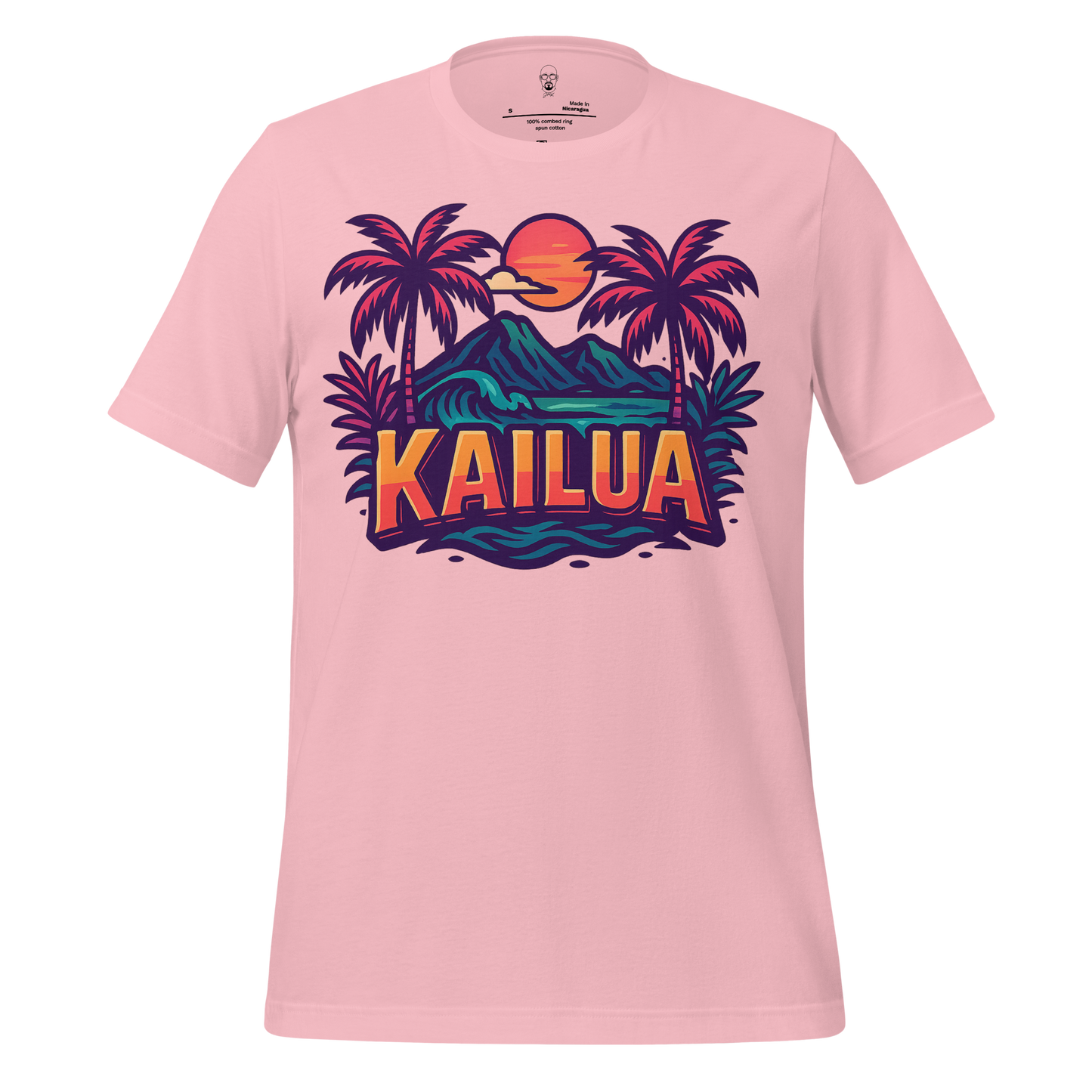 JMK Drip pink Kailua Graphic T-Shirt with tropical palm trees and sunset design