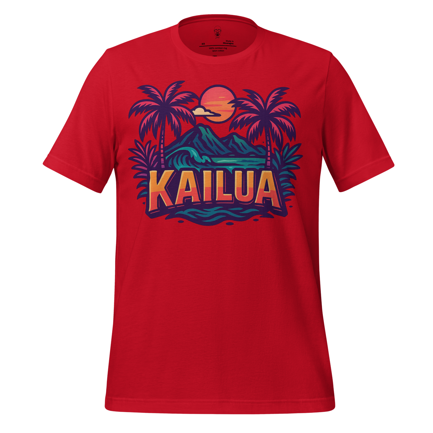 Red Kailua Graphic T-Shirt with tropical palm tree and sunset design by JMK Drip