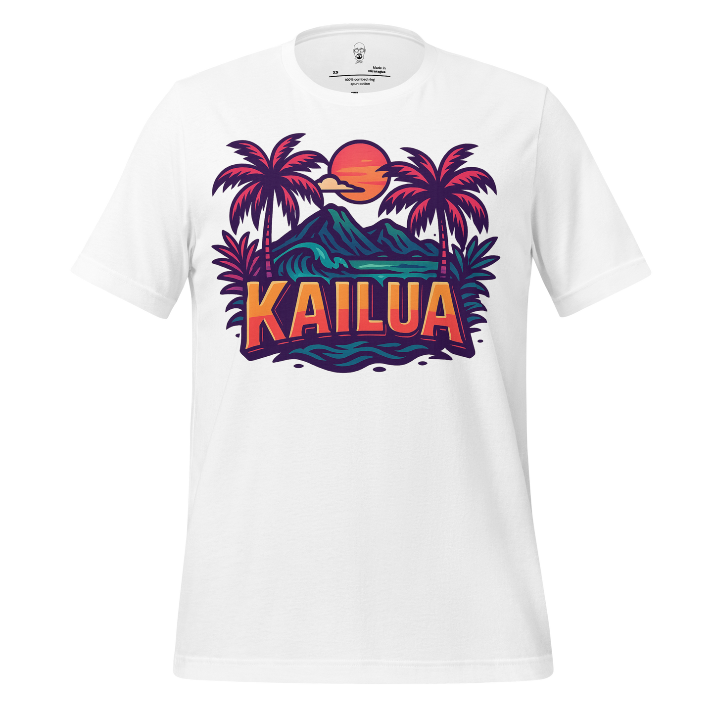 JMK Drip white Kailua Graphic T-Shirt featuring sunset, palm trees, and mountain design