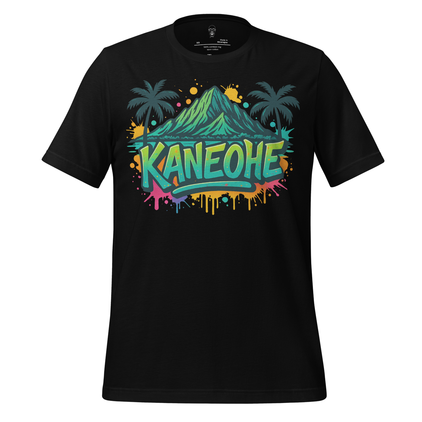 Black Kaneohe Graphic T-Shirt by JMK Drip featuring colorful mountain and palm tree design