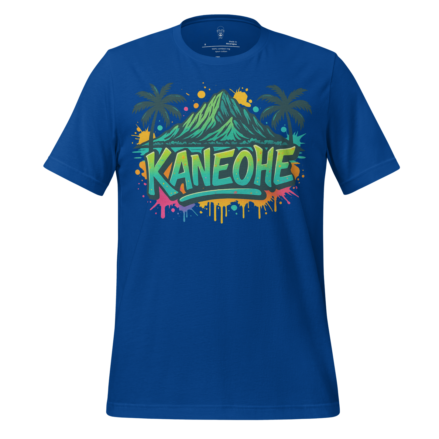 Blue Kaneohe Graphic T Shirt with mountain and palm tree design by JMK Drip
