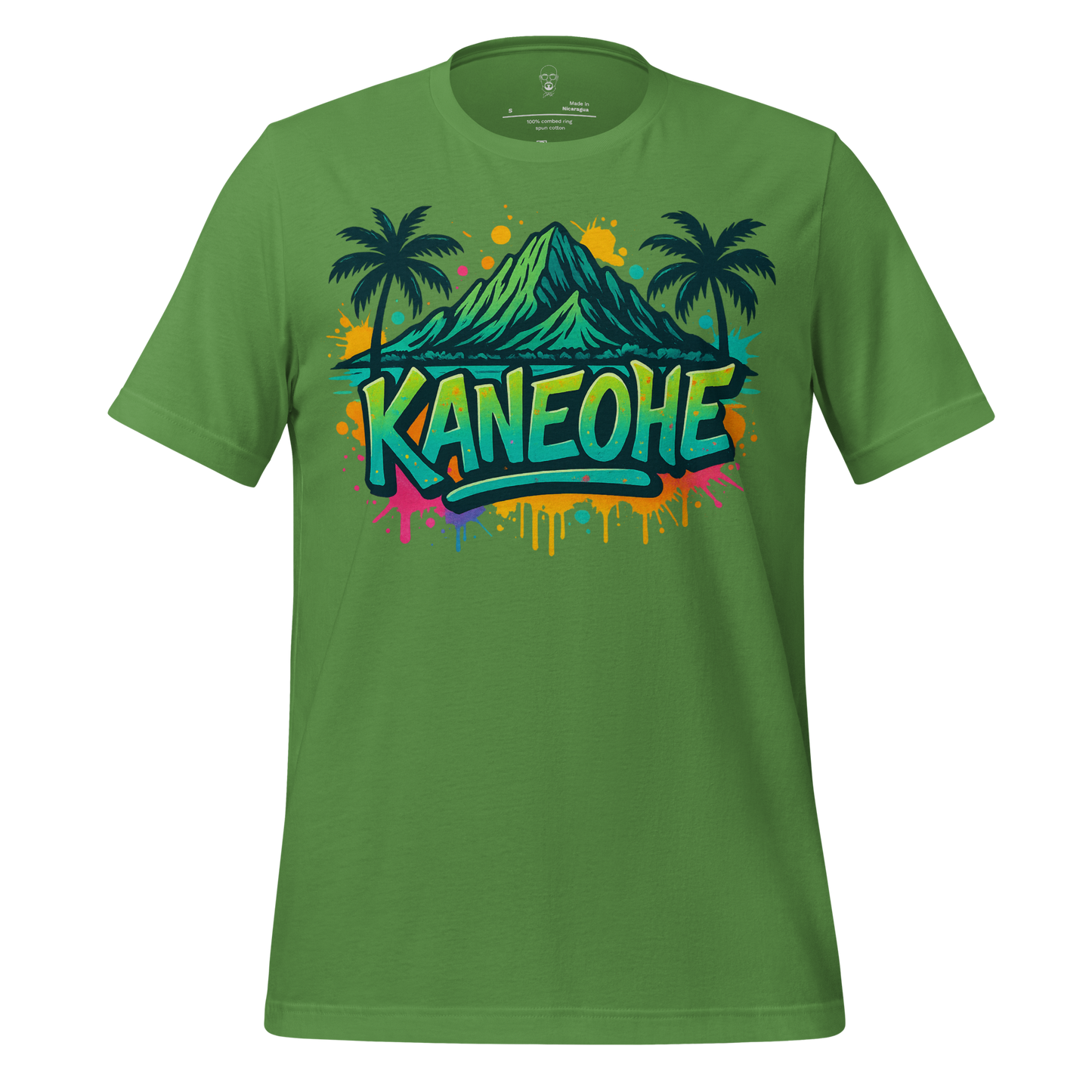 Green Kaneohe Graphic T-Shirt with mountain and palm tree design by JMK Drip