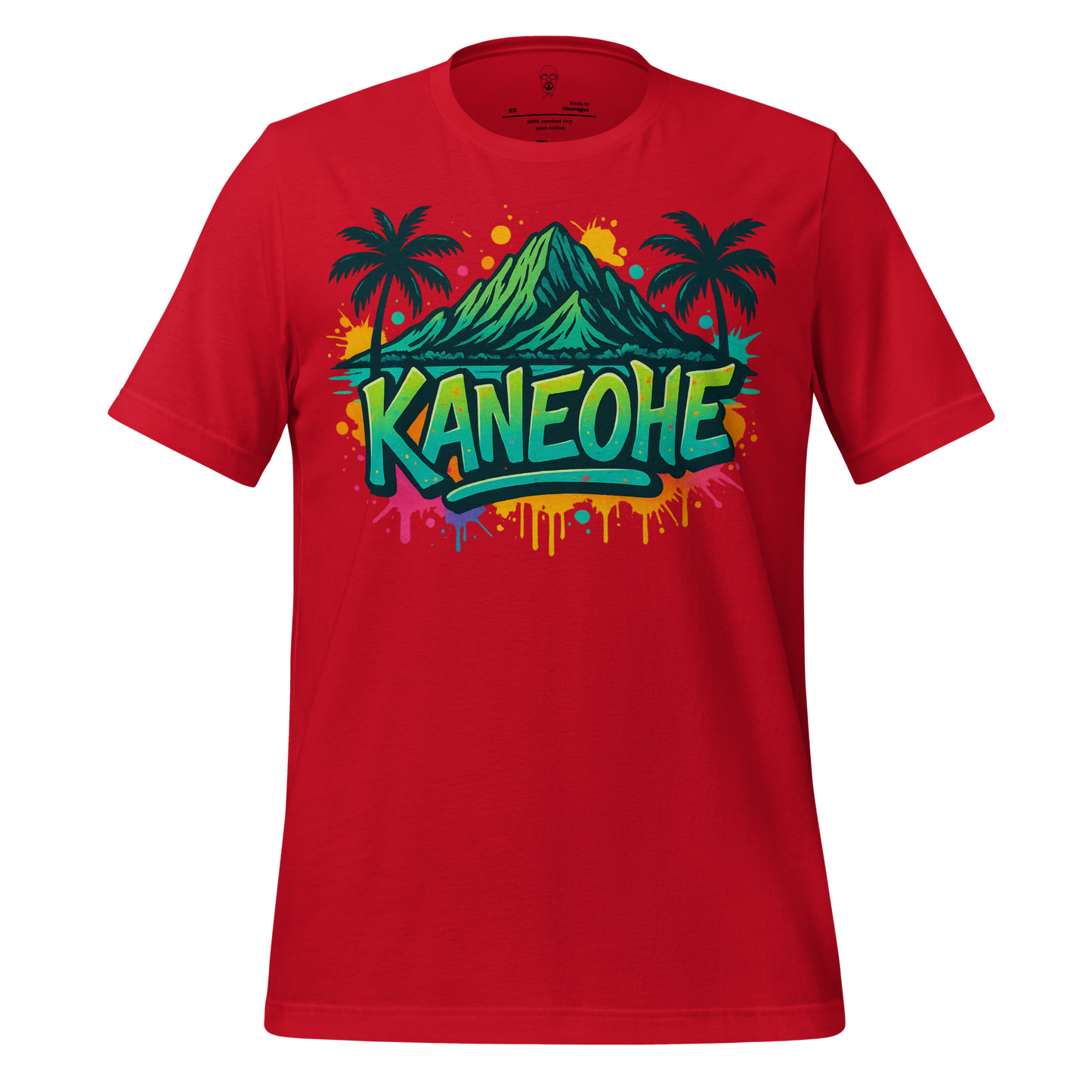 Red Kaneohe Graphic T-Shirt with colorful mountain and palm tree design by JMK Drip