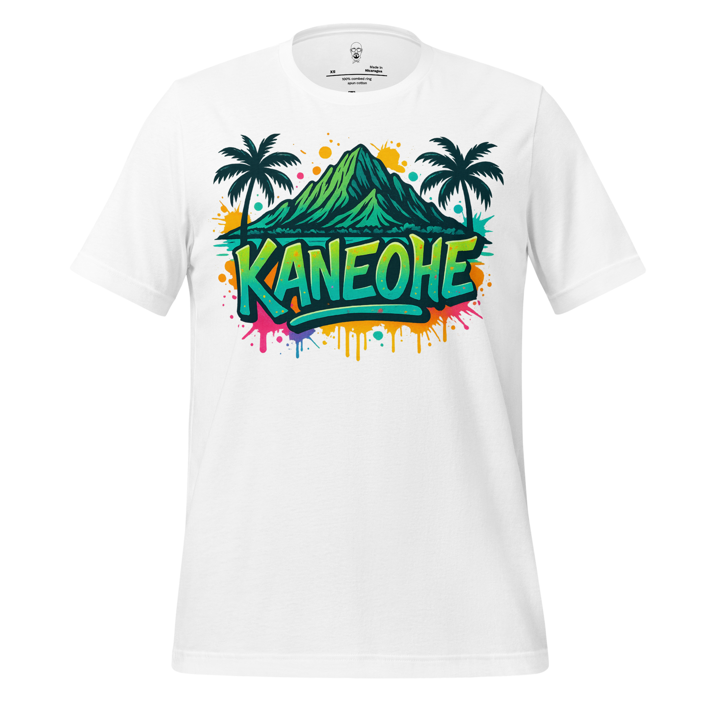 White Kaneohe Graphic T-Shirt by JMK Drip featuring colorful mountain and palm tree design