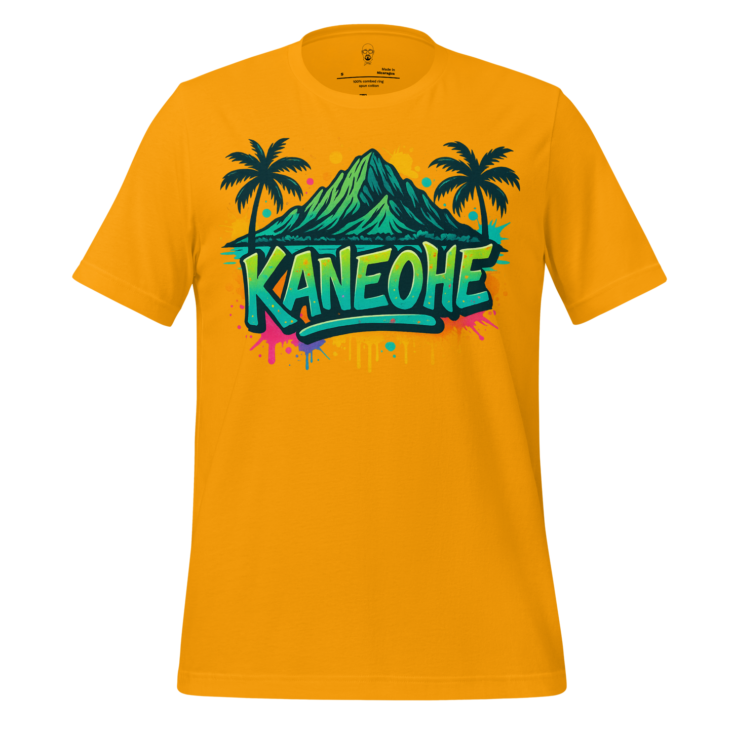 Yellow Kaneohe Graphic T-Shirt with mountain, palm trees, and vibrant design by JMK Drip