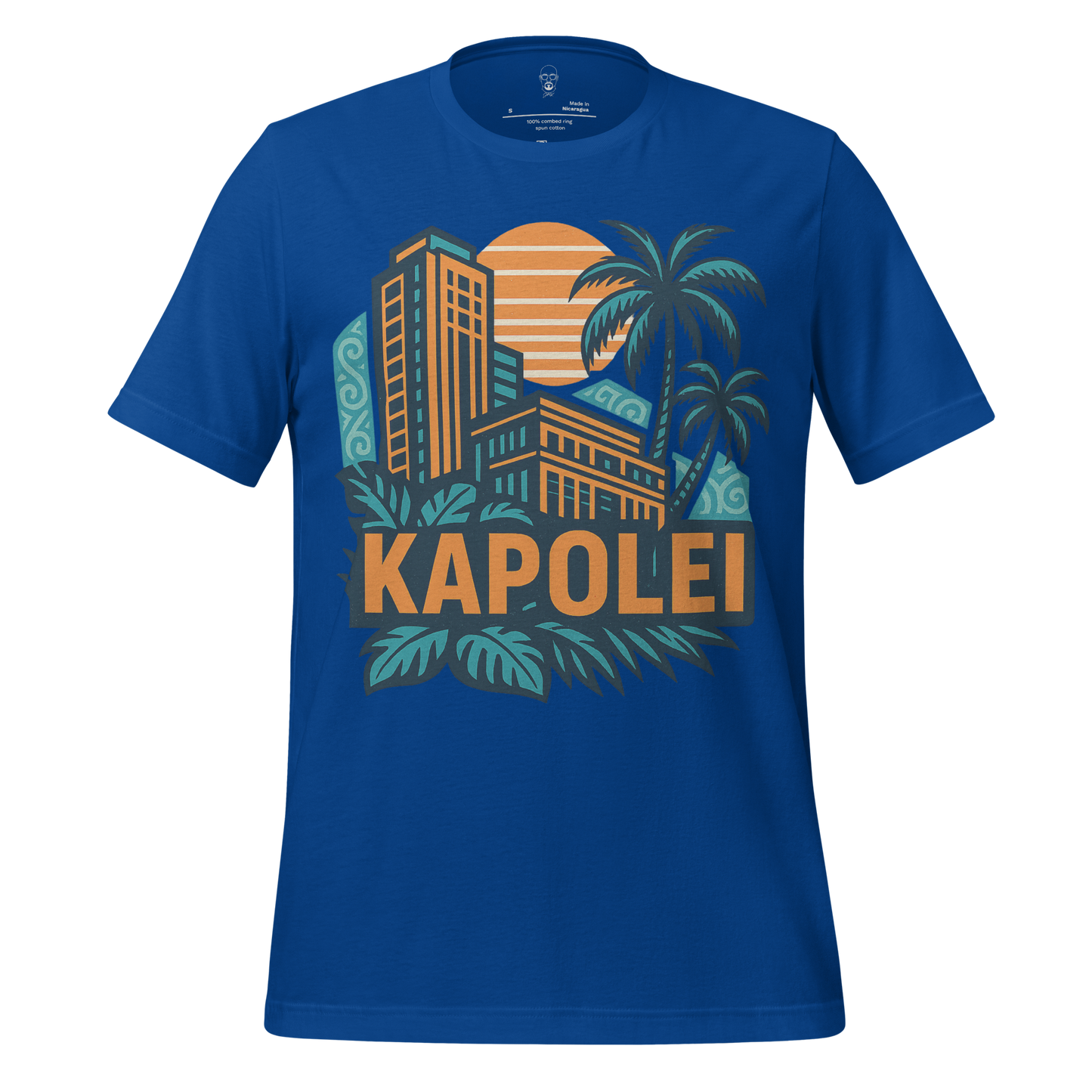 JMK Drip Kapolei Graphic T-Shirt in blue with tropical cityscape and palm tree design
