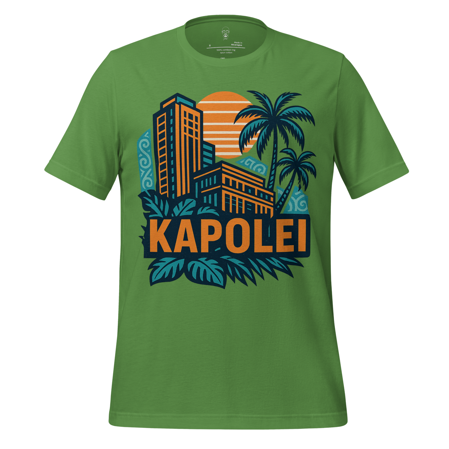 Green Kapolei Graphic T-Shirt by JMK Drip featuring city buildings, palm trees, and sunset design
