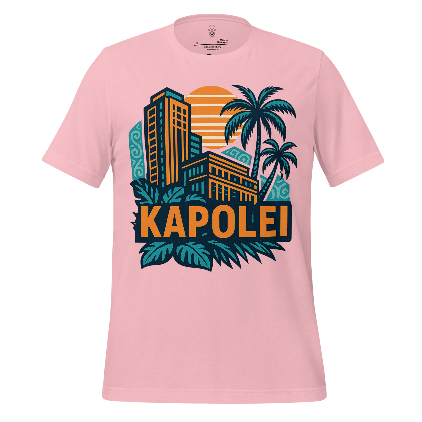 Pink JMK Drip Kapolei Graphic T-Shirt with tropical city skyline and palm tree design