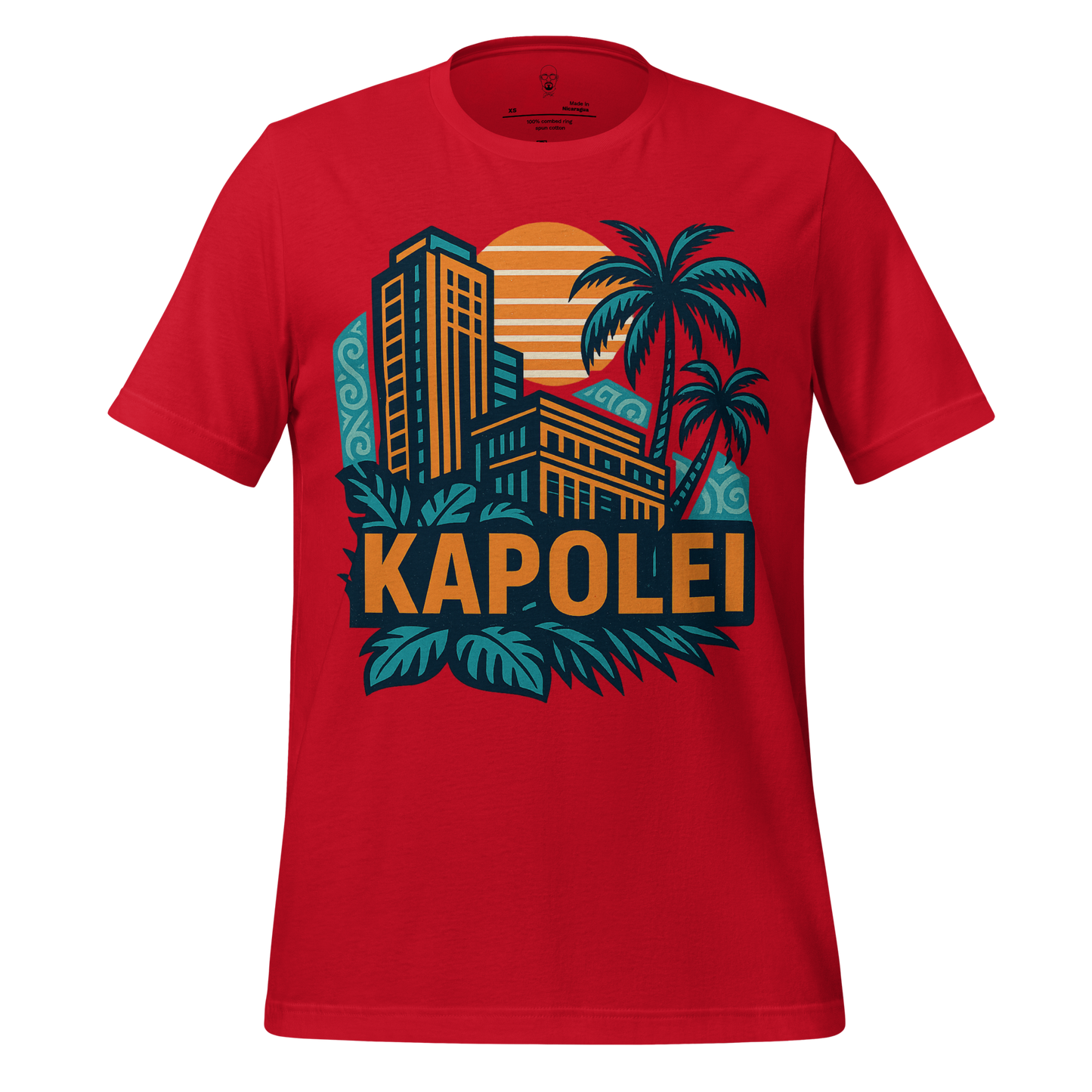 JMK Drip red Kapolei Graphic T-Shirt with city buildings, palm trees, and sunset design