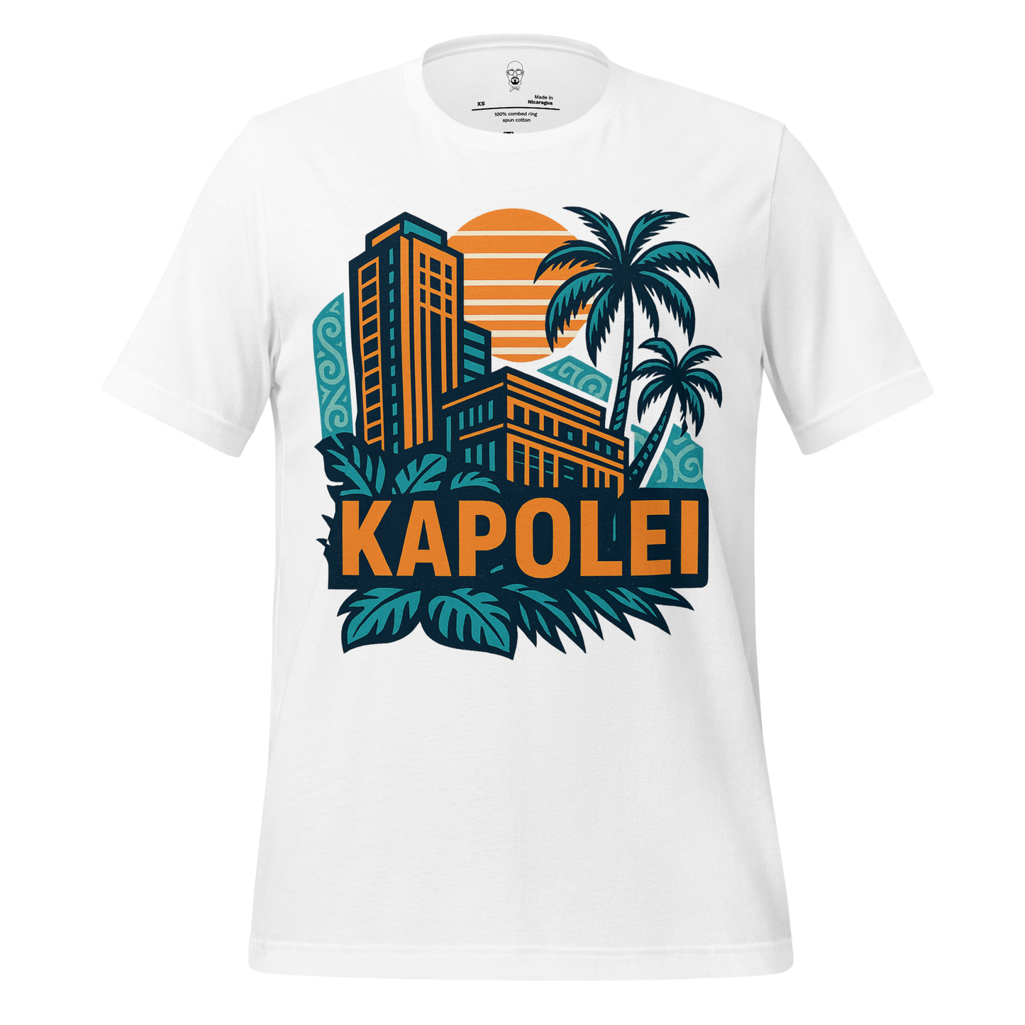 White Kapolei Graphic T-Shirt by JMK Drip featuring tropical buildings and palm trees design