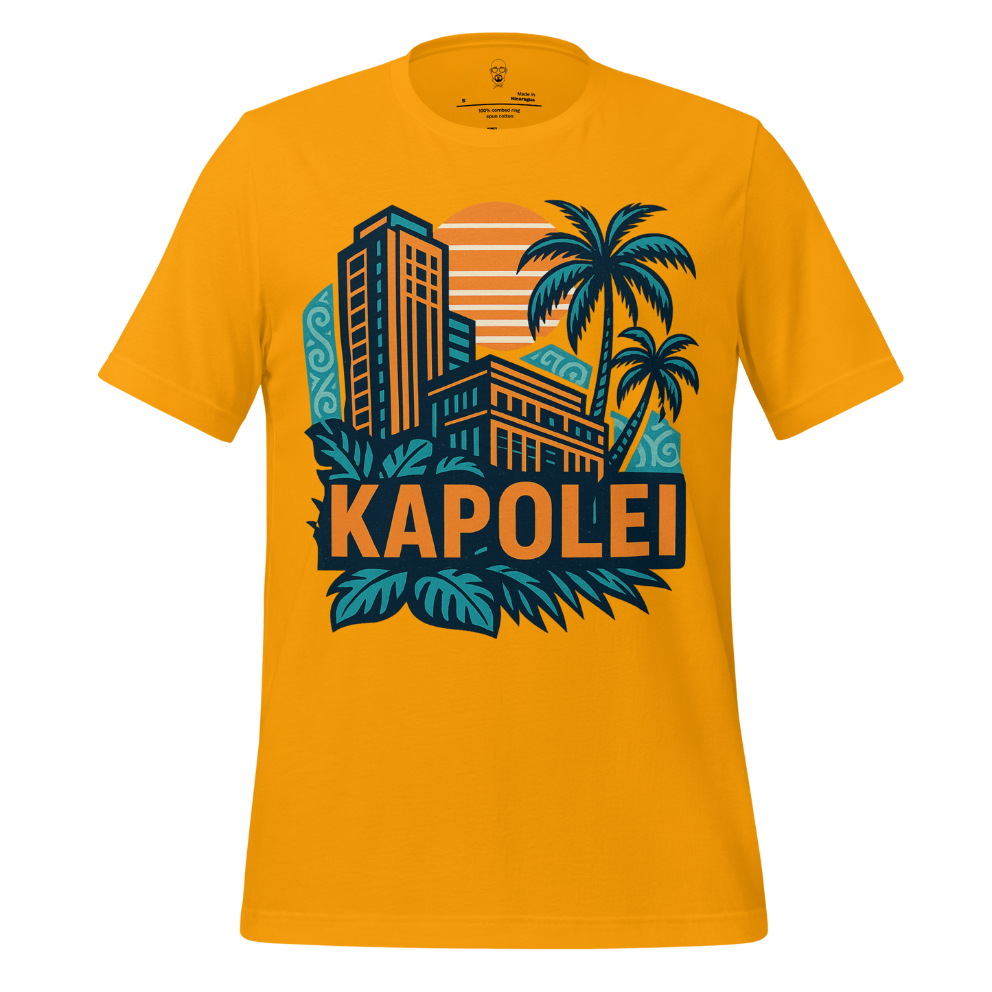 JMK Drip Kapolei Graphic T-Shirt in yellow with cityscape and palm tree design