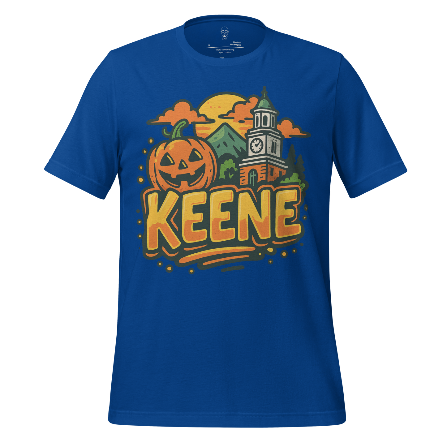 JMK Drip Keene Graphic T-Shirt in blue with Halloween pumpkin and clock tower design