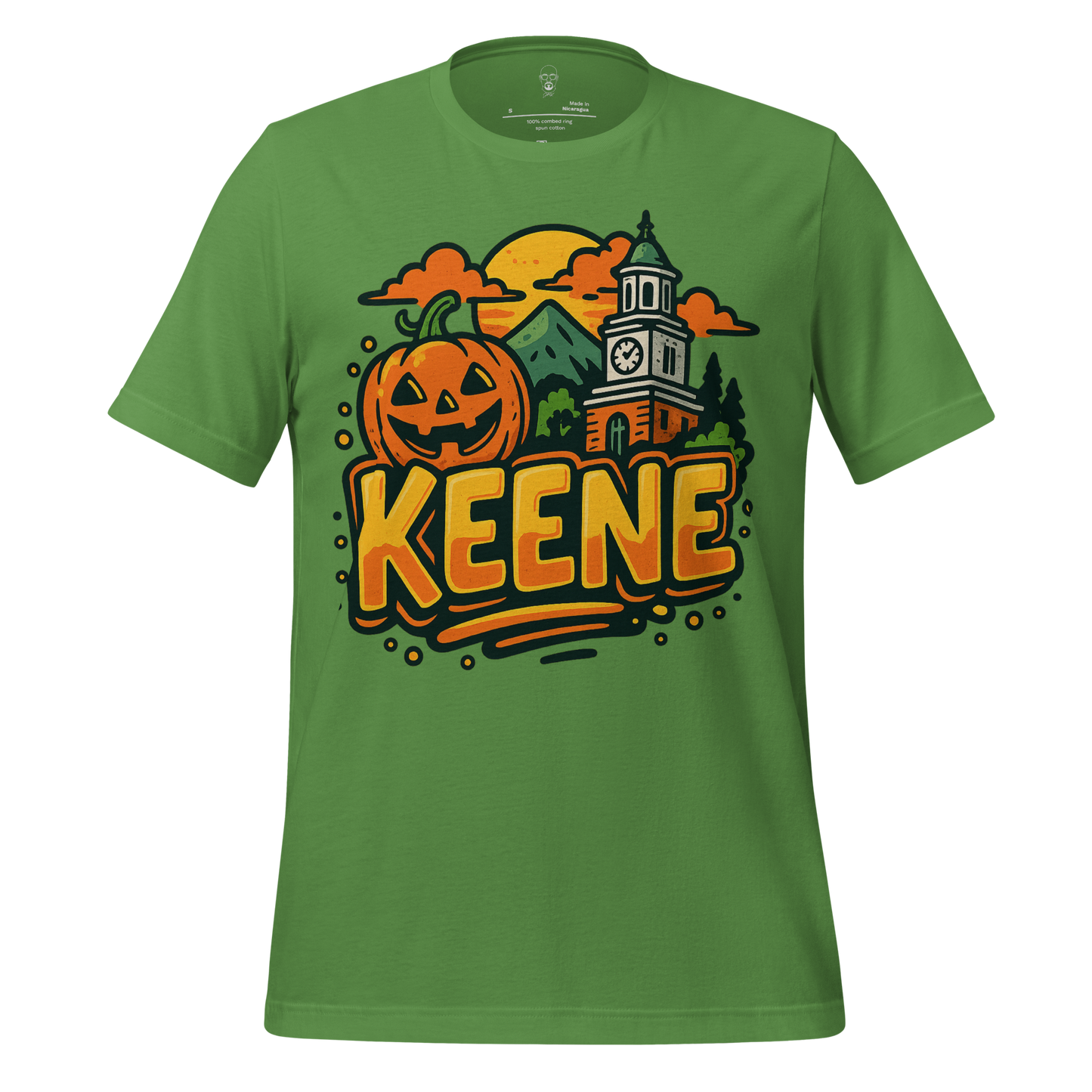 Green Keene Graphic T-Shirt with Halloween pumpkin and clock tower design by JMK Drip