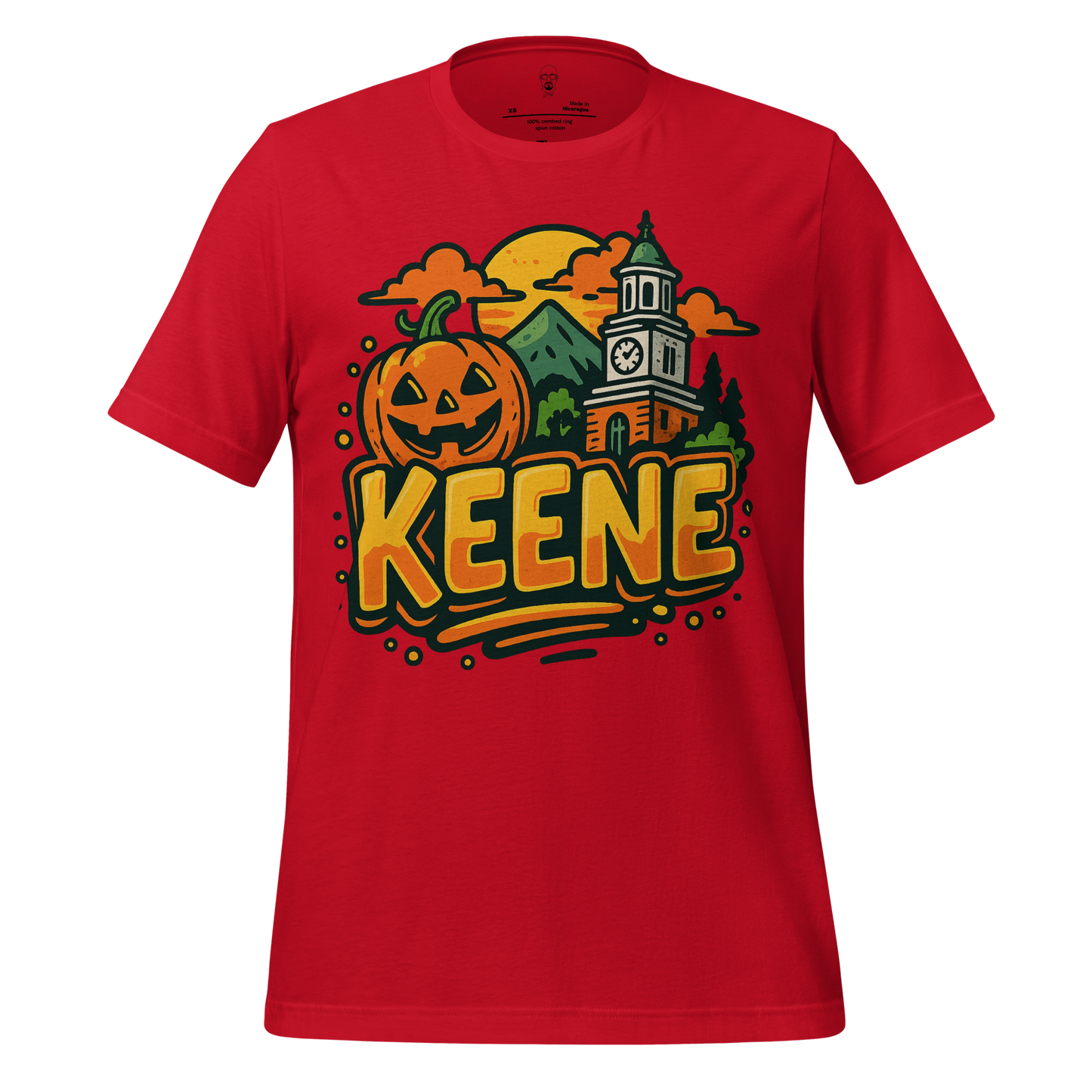 Red Keene Graphic T-Shirt with Halloween pumpkin and clock tower design by JMK Drip