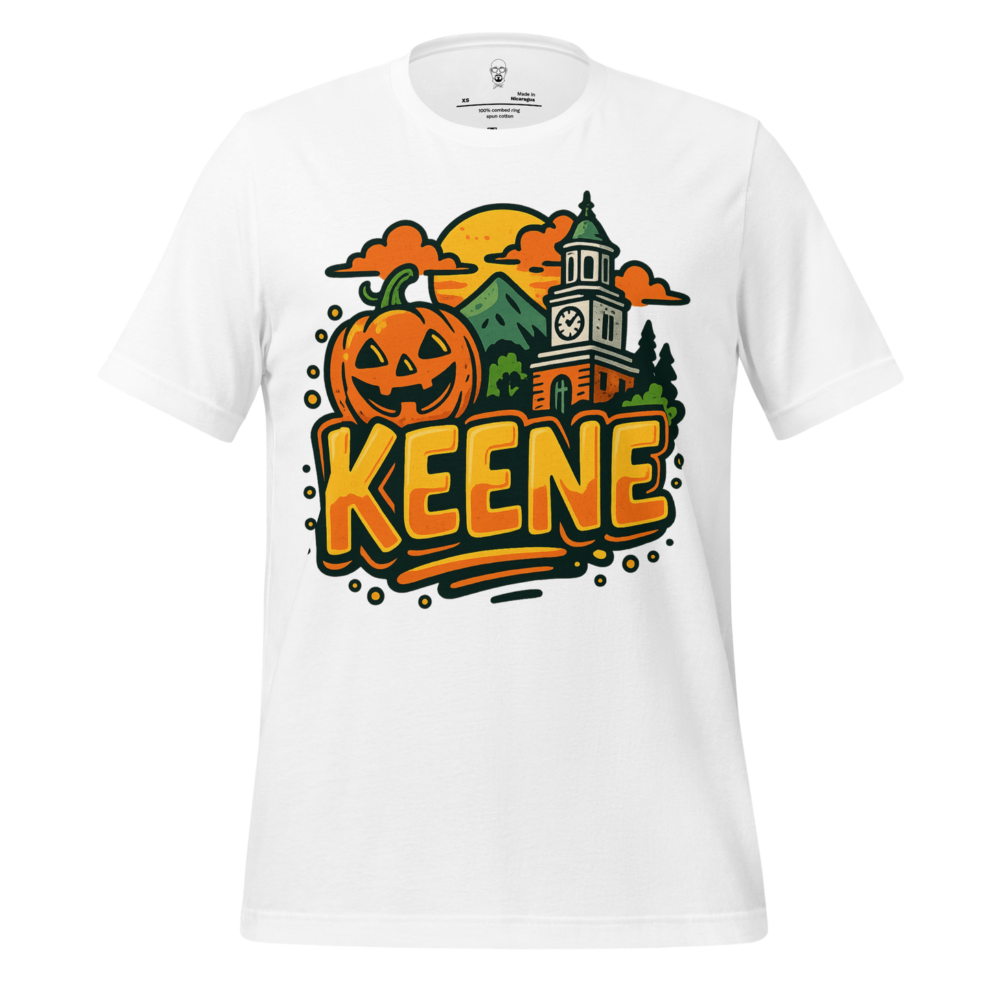 JMK Drip white Keene Graphic T-Shirt featuring a Halloween pumpkin and town clock tower design