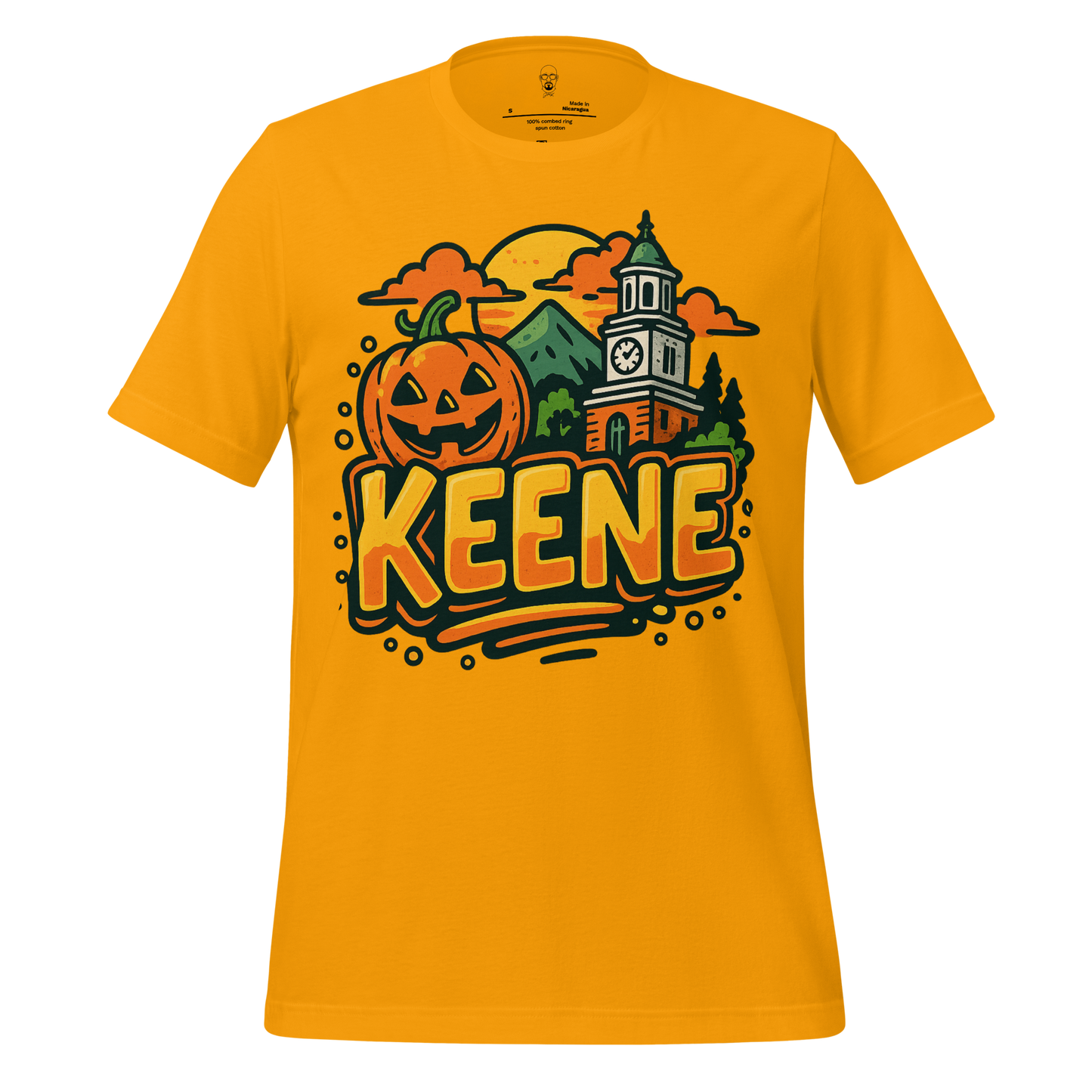 JMK Drip Keene Graphic T-Shirt in yellow with Halloween pumpkin and clock tower design