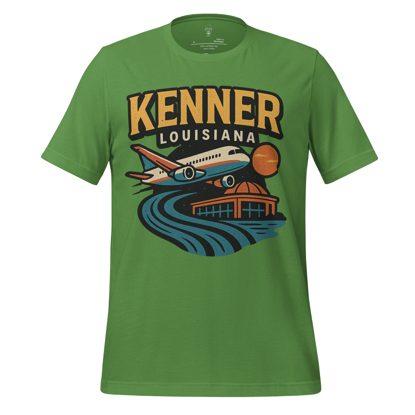 Green Kenner Louisiana t-shirt featuring vintage airplane and river design by JMK Drip