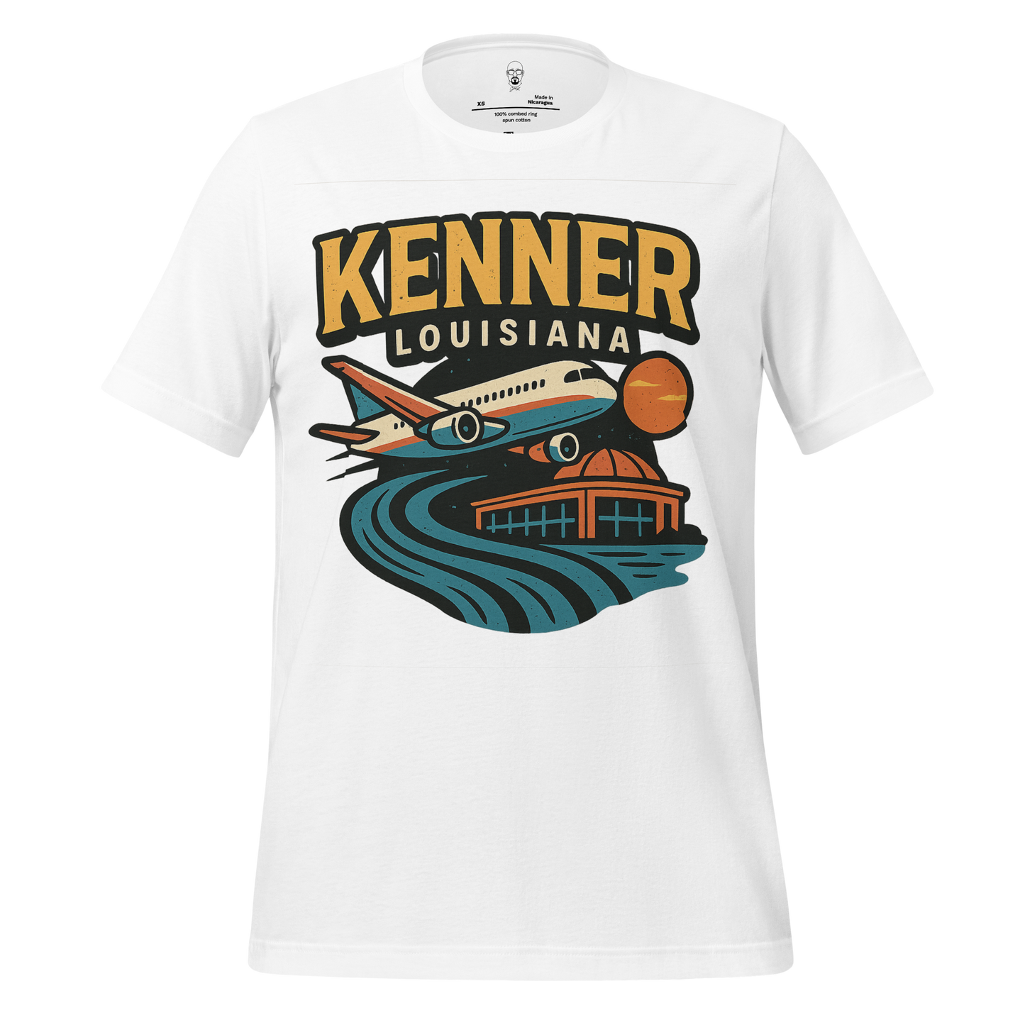 White Kenner Louisiana t-shirt by JMK Drip with airplane and cityscape graphic design