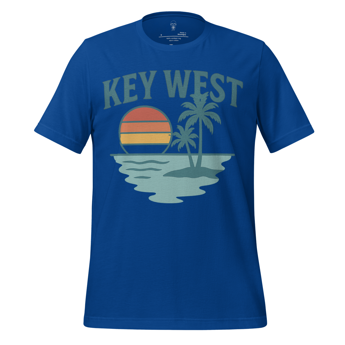 Blue Key West Graphic T-Shirt with sunset and palm tree design on front