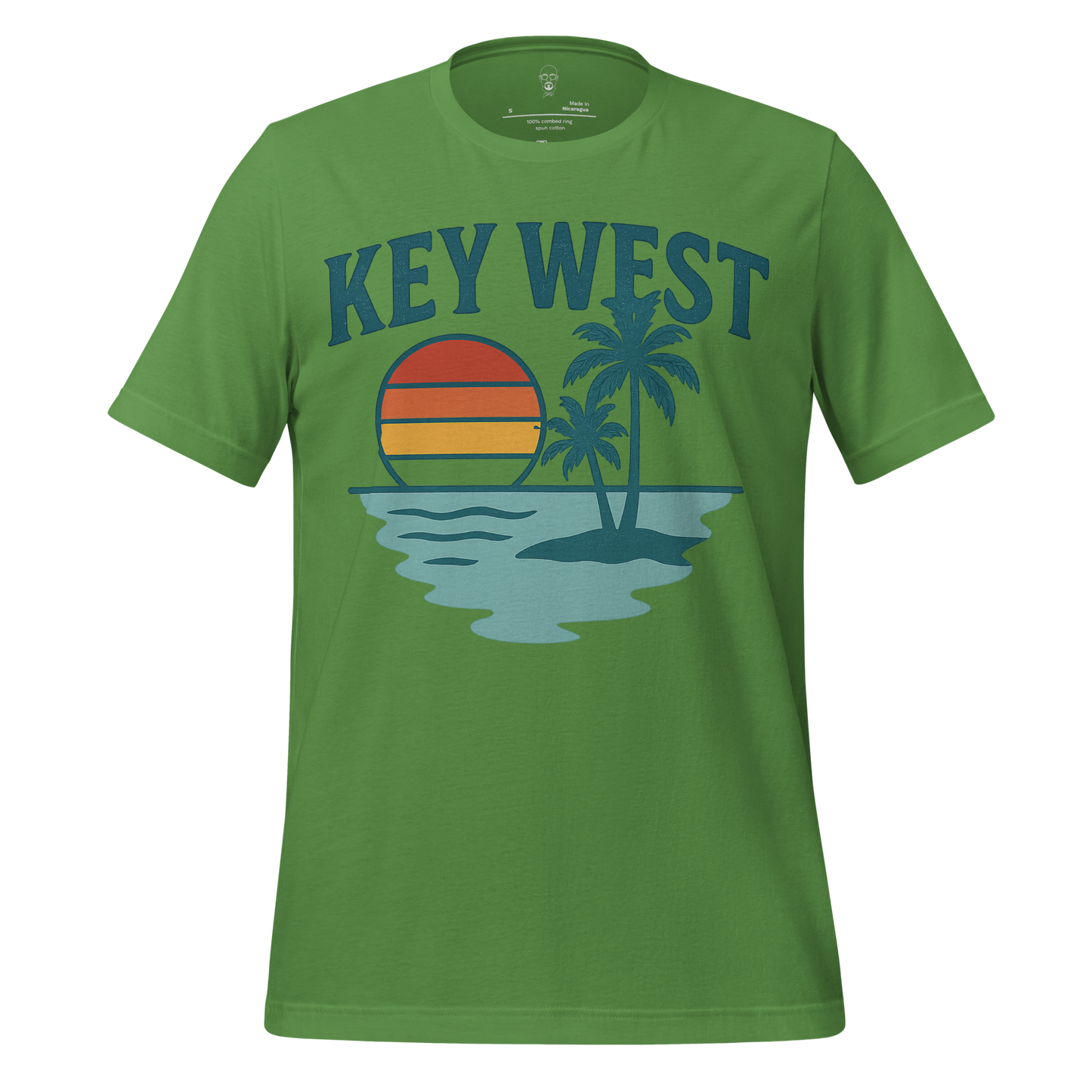 Green Key West Graphic T-Shirt with sunset and palm tree design on front