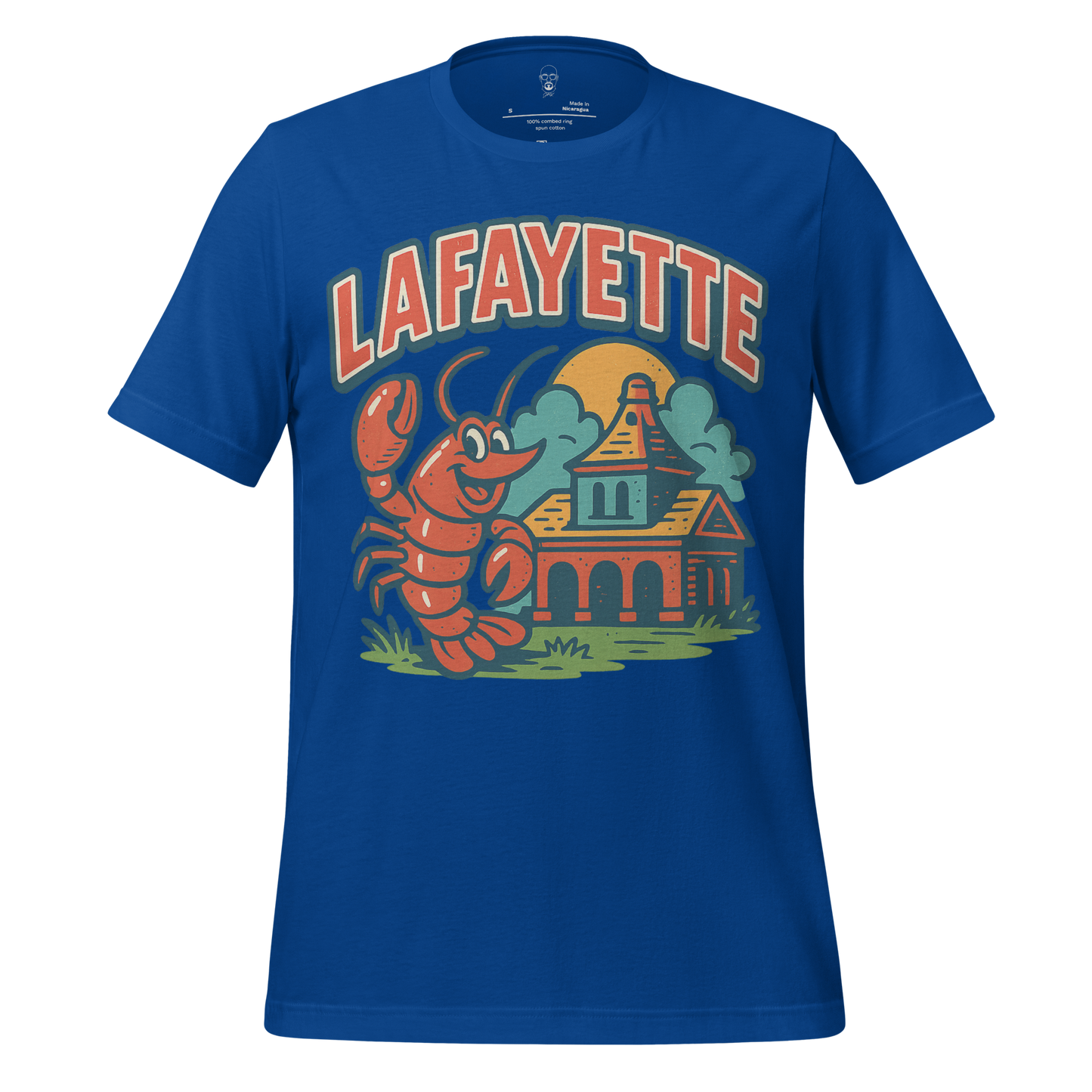Blue JMK Drip Lafayette graphic t-shirt featuring a lobster and a historic building design