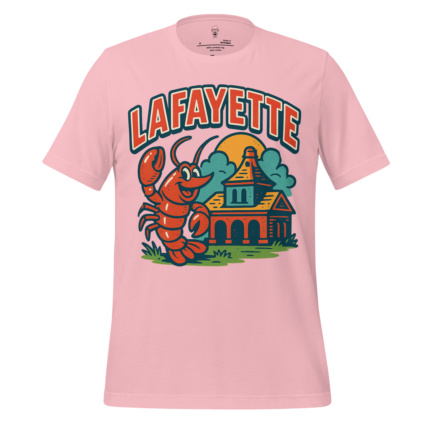 Pink Lafayette graphic t-shirt with cartoon crawfish and historic building design by JMK Drip