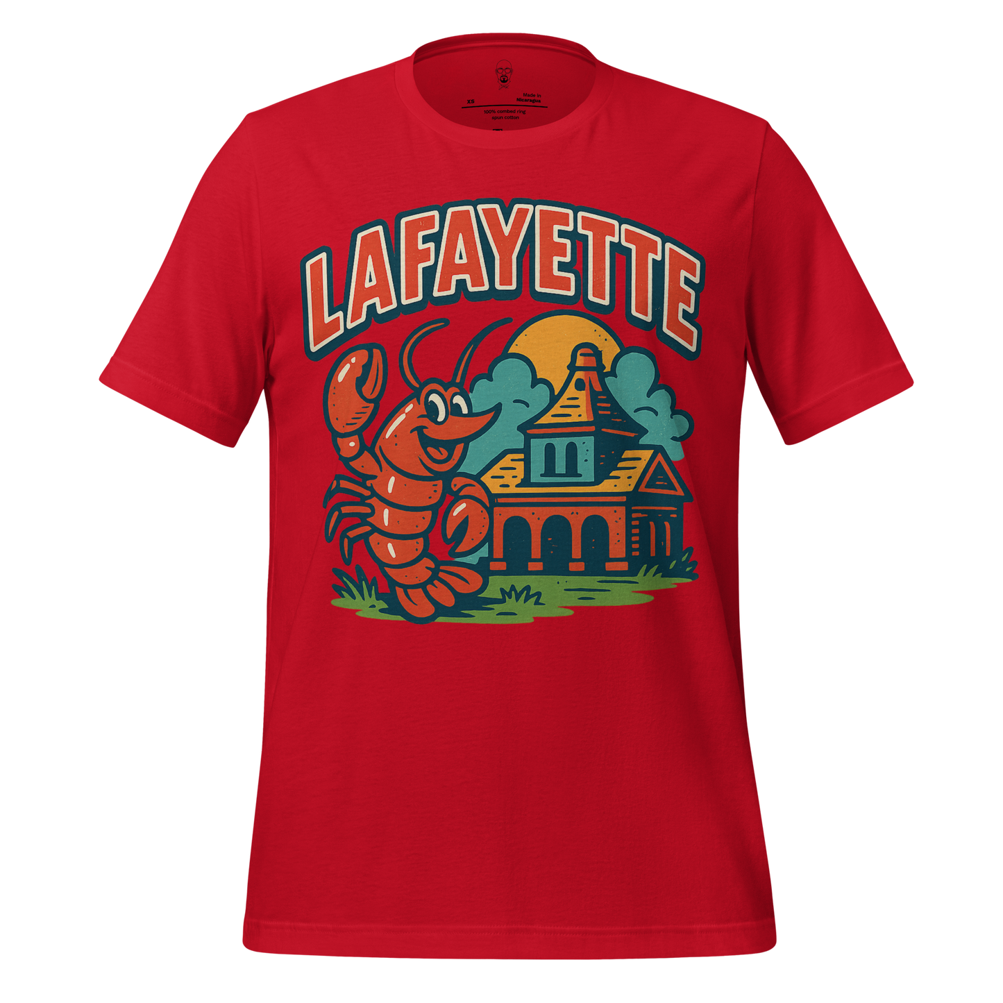Red Lafayette graphic t-shirt featuring a cartoon lobster and historic building design