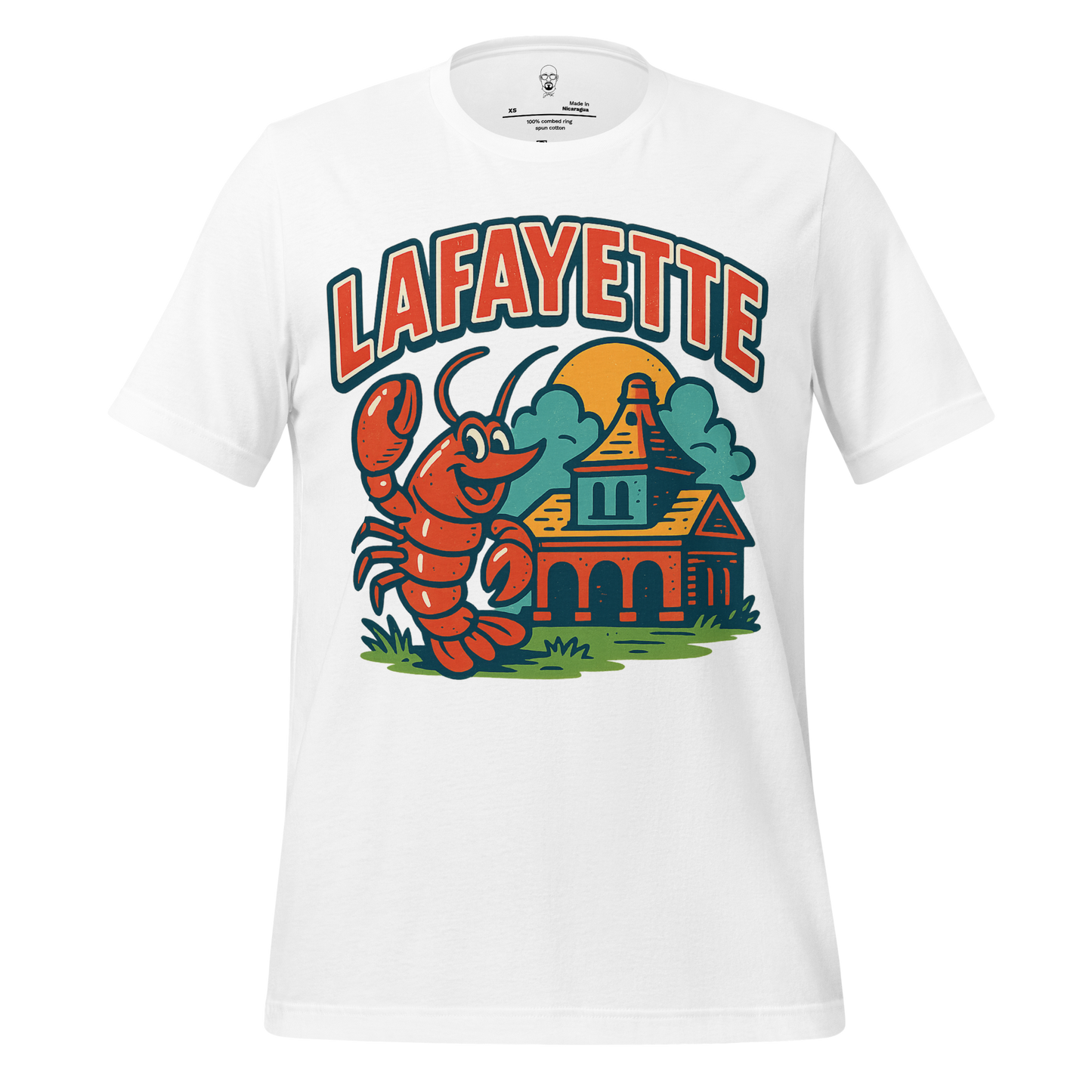 White Lafayette graphic t-shirt by JMK Drip featuring a lobster and building illustration