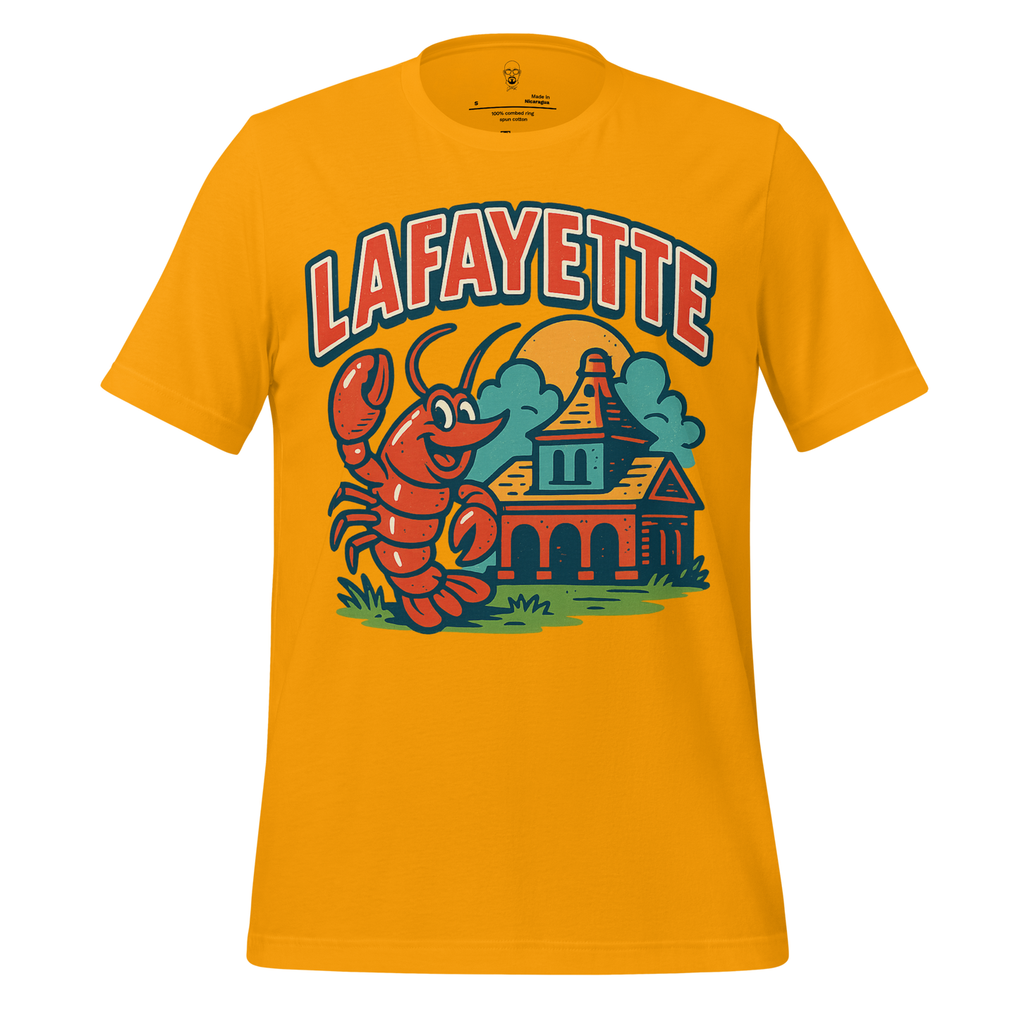 Yellow Lafayette graphic t-shirt featuring a cartoon crawfish and historic building design