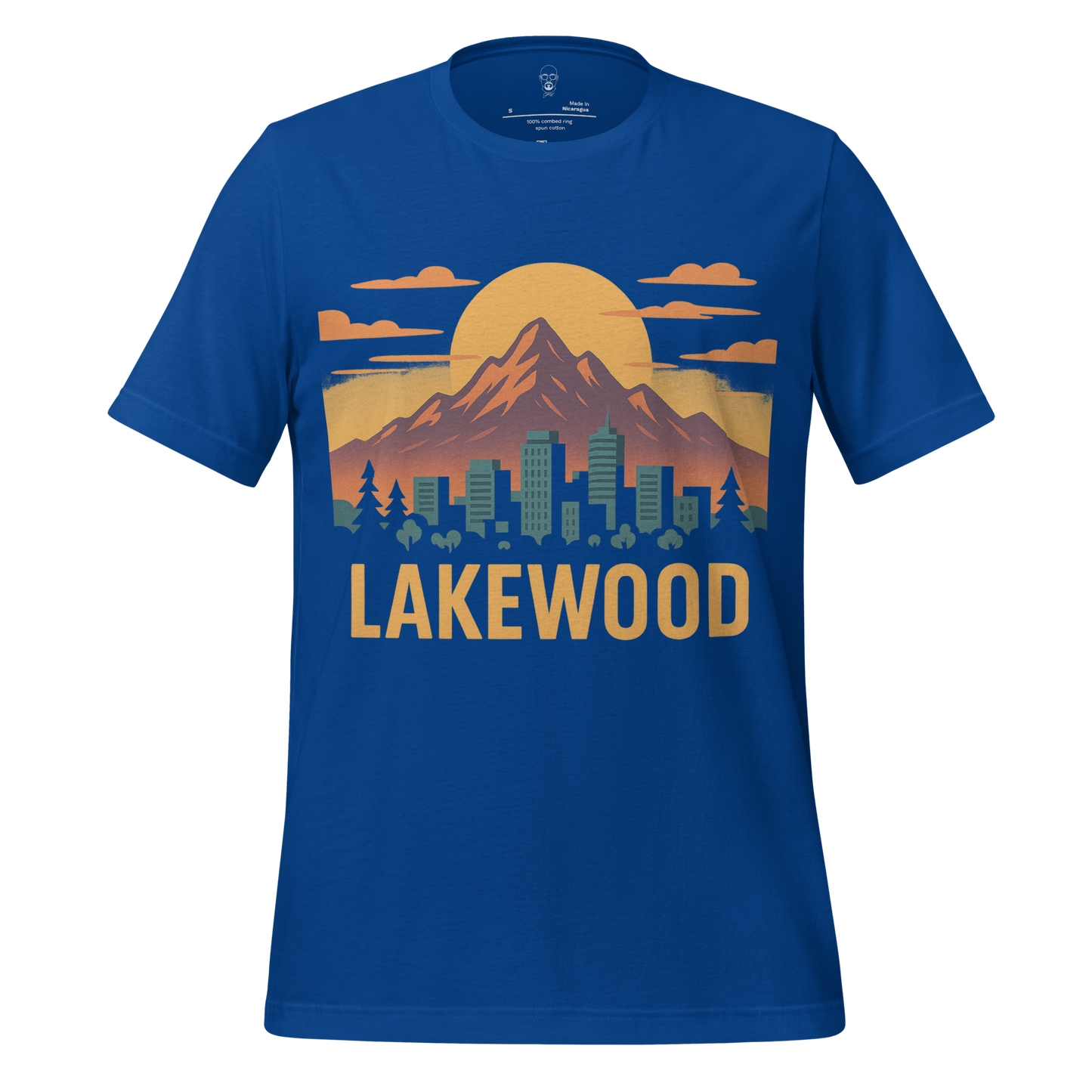 Blue Lakewood Graphic T-Shirt featuring mountain, city skyline, and sunset design by JMK Drip
